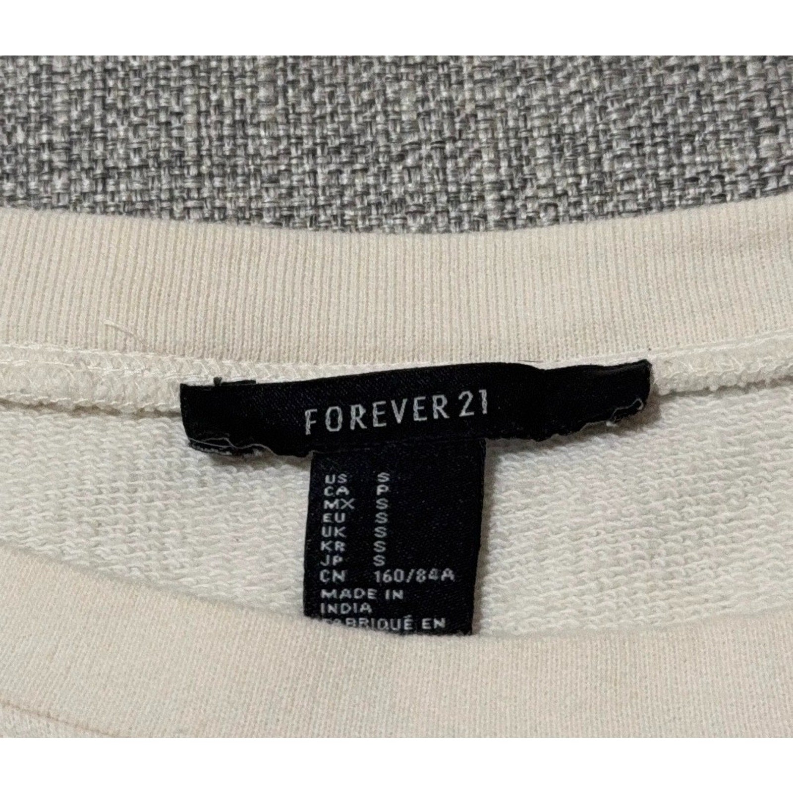 Forever 21 Women Small Cream Beaded Sleeve Crewneck Sweatshirt Boho Boxy