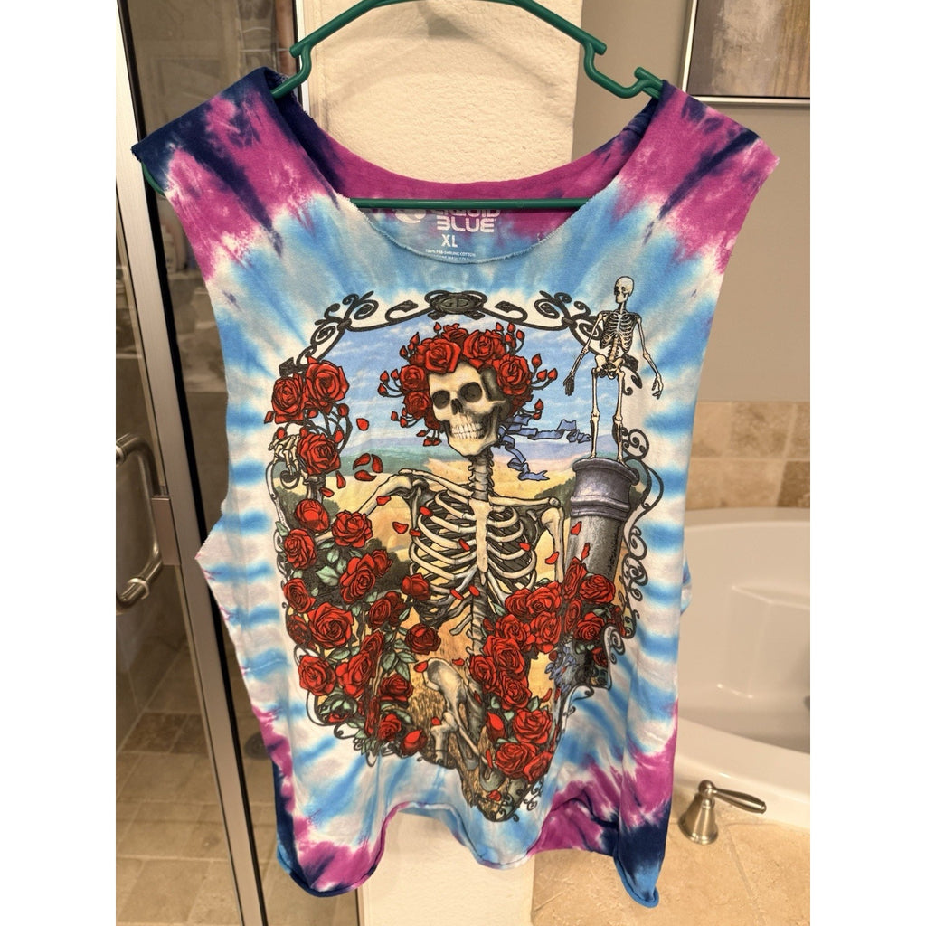Liquid Blue Grateful Dead Tie Dye Cut Off Shirt XL Skeleton Roses Tank Tee