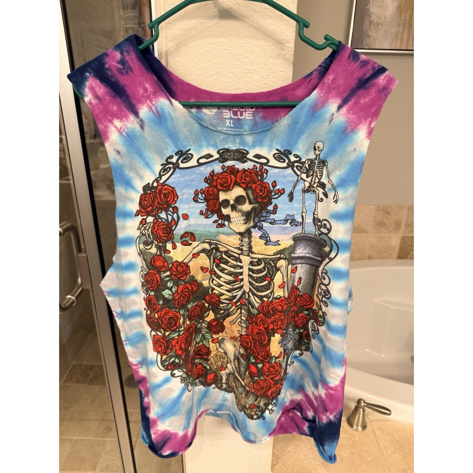 Liquid Blue Grateful Dead Tie Dye Cut Off Shirt XL Skeleton Roses Tank Tee