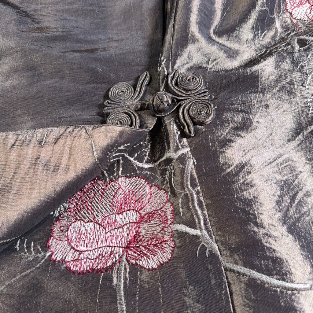 Mina Collections Womens L Embroidered Satin Jacket Floral Frog Closure Asian