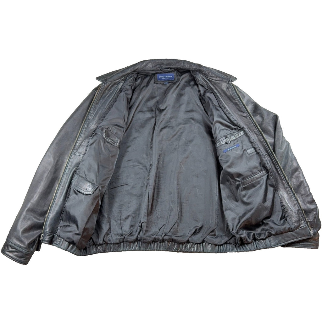 Worn-In Black Lambskin Leather Bomber Jacket Daniel Cremieux XL