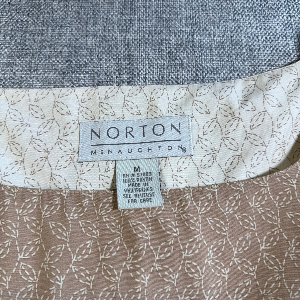 Vintage Norton McNaughton Maxi Dress M 100% Rayon Tan Leaf Print 90s Sleeveless