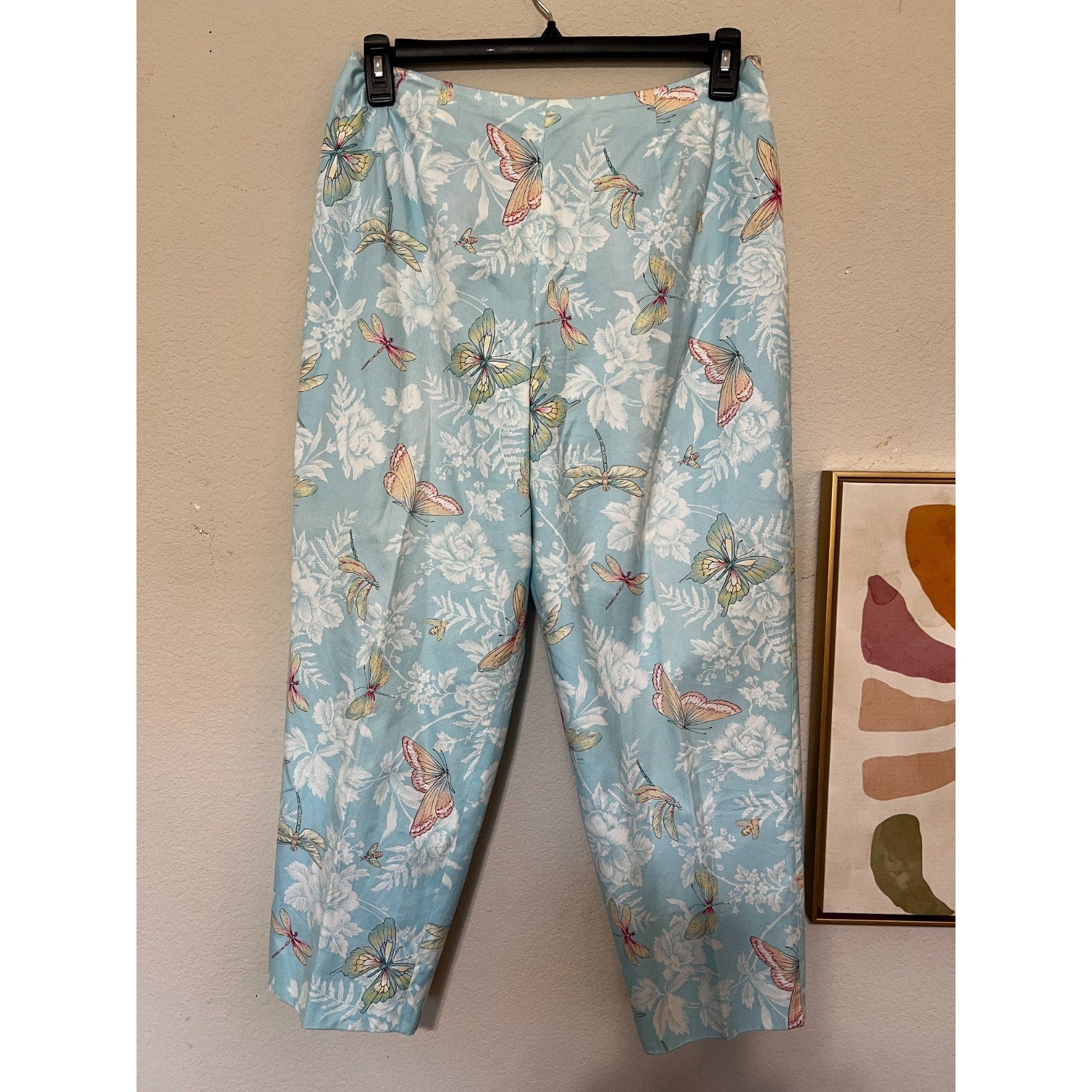 Cottagecore Talbots Petites Pants Womens 12P Blue Butterfly Floral Cotton Capri