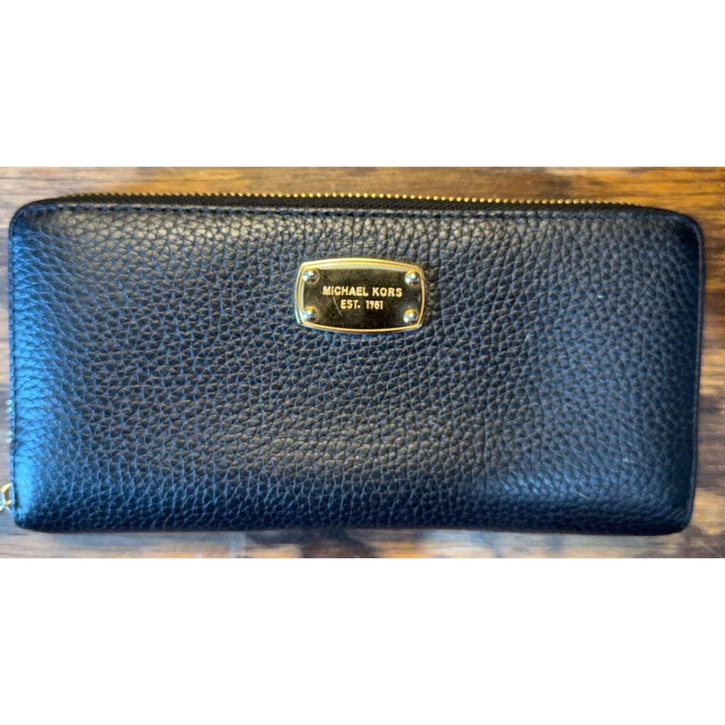 Michael Kors Wallet Black Zip Around Continental Pebbled Leather Gold Logo Women