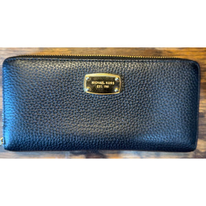 Michael Kors Wallet Black Zip Around Continental Pebbled Leather Gold Logo Women