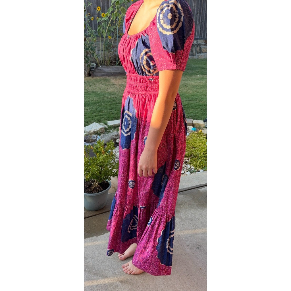 Ulla Johnson Cotton Maxi Dress Pink Navy Puff Sleeve Smocked Boho Size Unmarked