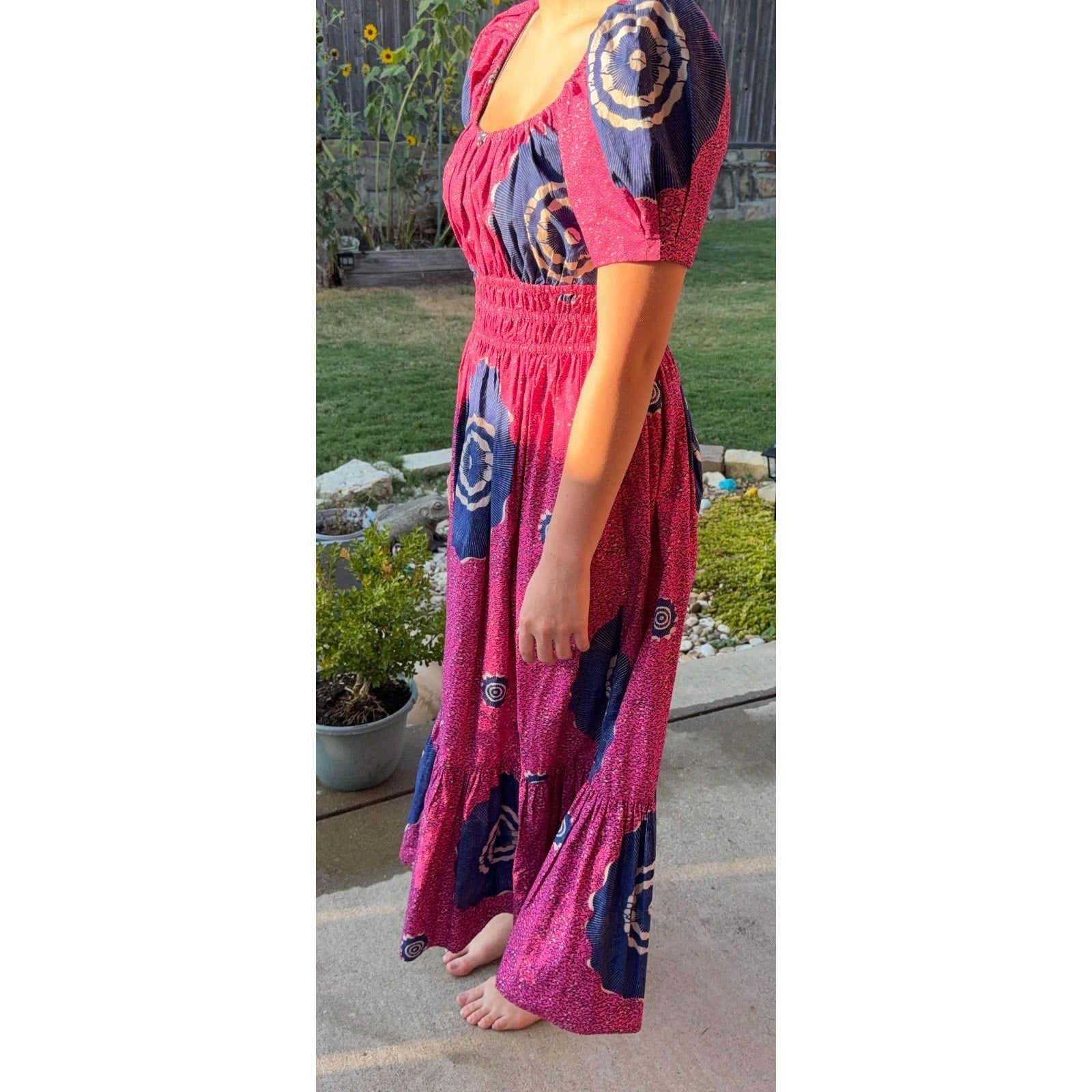 Ulla Johnson Cotton Maxi Dress Pink Navy Puff Sleeve Smocked Boho Size Unmarked