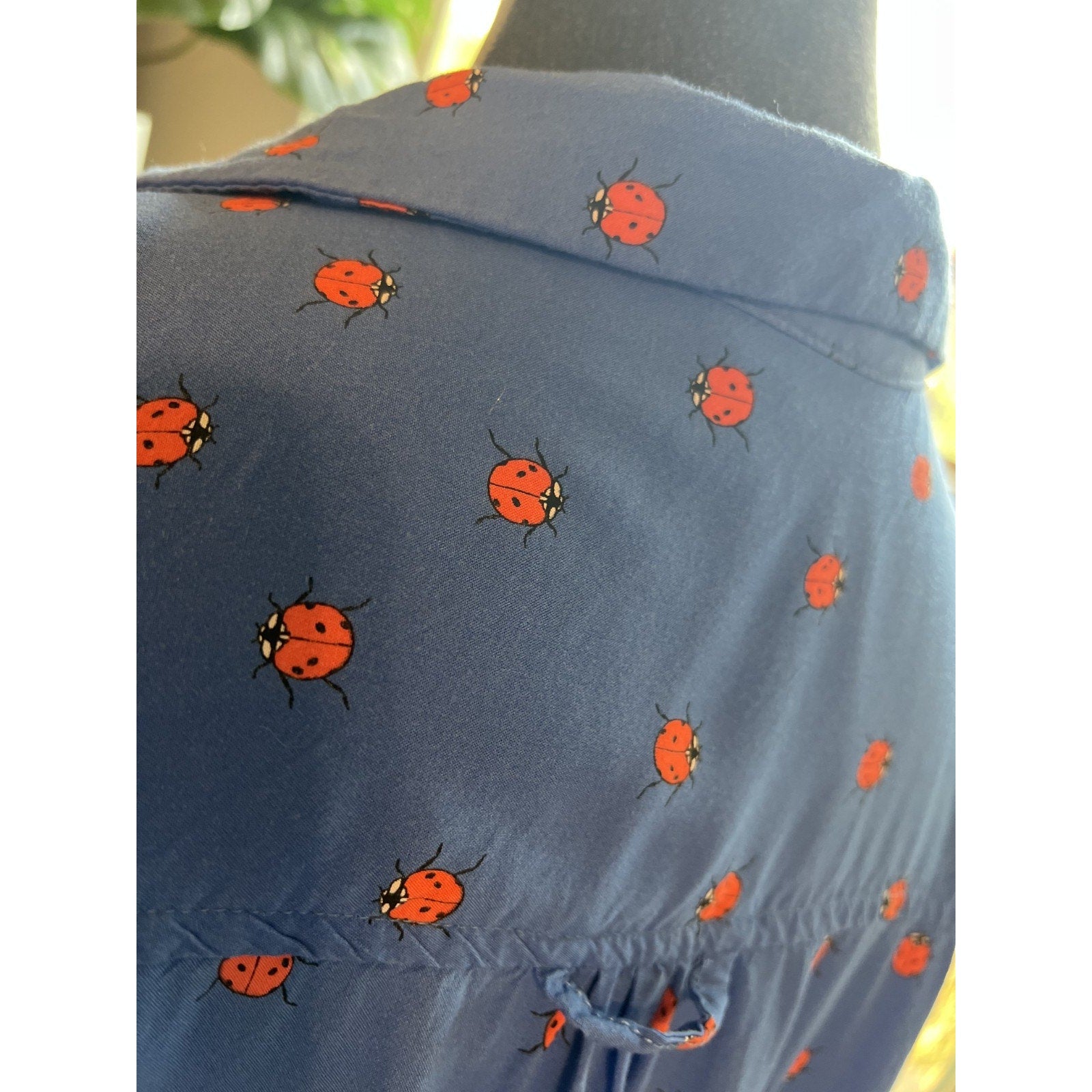 Velvet Heart Whimsical Ladybug Rayon Blouse XL Blue Indie Cottagecore Top