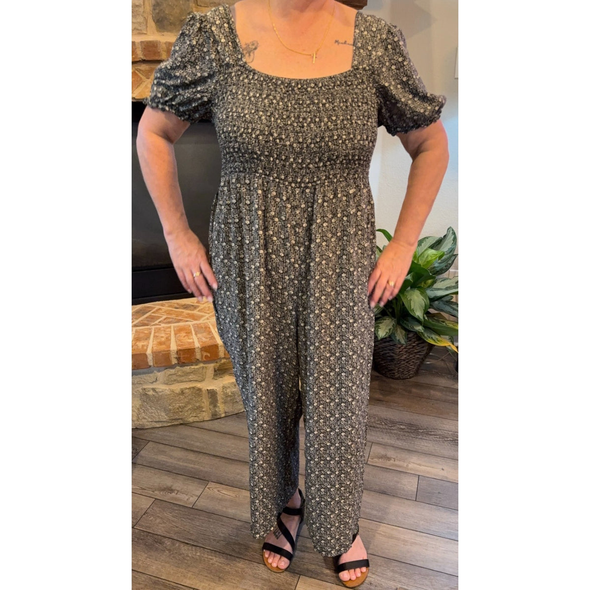 As U Wish Jumpsuit Womens 3X Floral Smocked Puff Sleeve Wide Leg Cottagecore