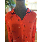 Anthropologie Maeve Paris London Print Blouse Womens 10 Red Button Front Boho