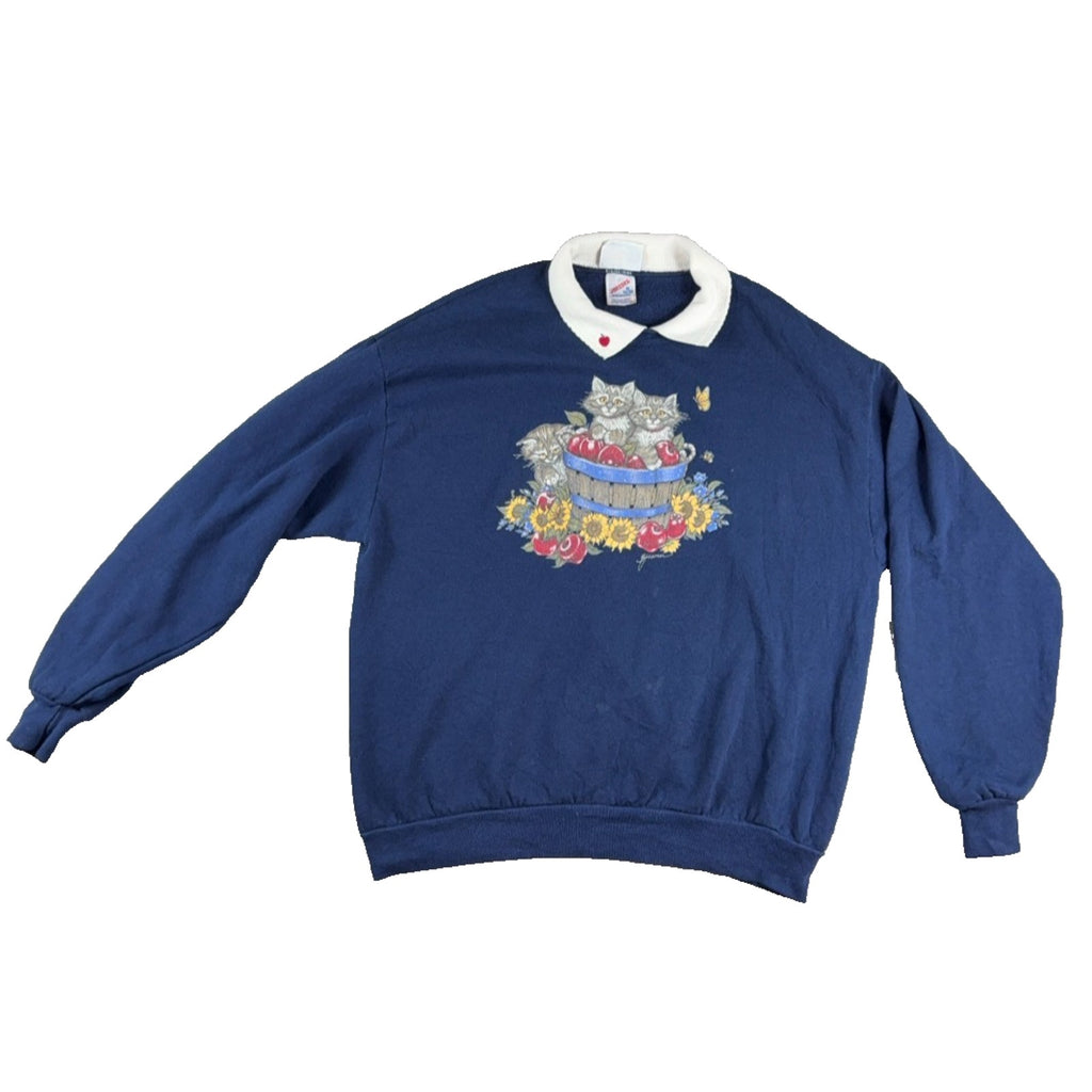 Vintage 90s Morning Sun Cat Sweatshirt XL Jerzees USA Apple Basket Collared