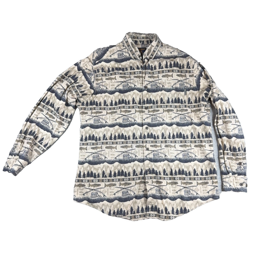 Woolrich Mens XL Fishing Shirt Fish Rods Trees Outdoor Print Button Down