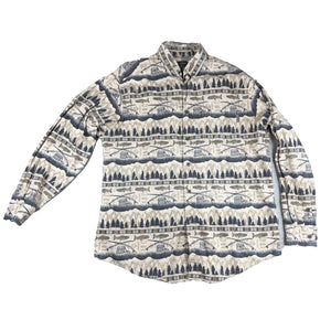 Woolrich Mens XL Fishing Shirt Fish Rods Trees Outdoor Print Button Down