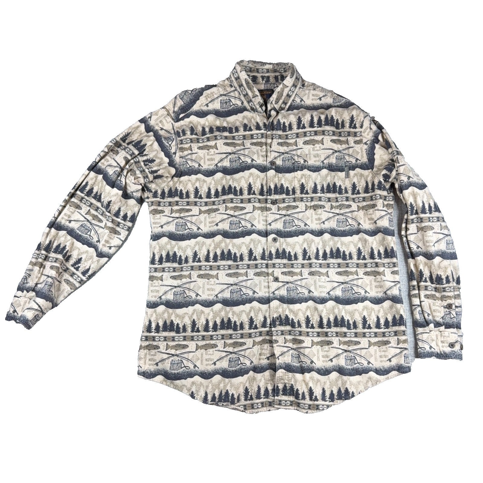 Woolrich Mens XL Fishing Shirt Fish Rods Trees Outdoor Print Button Down