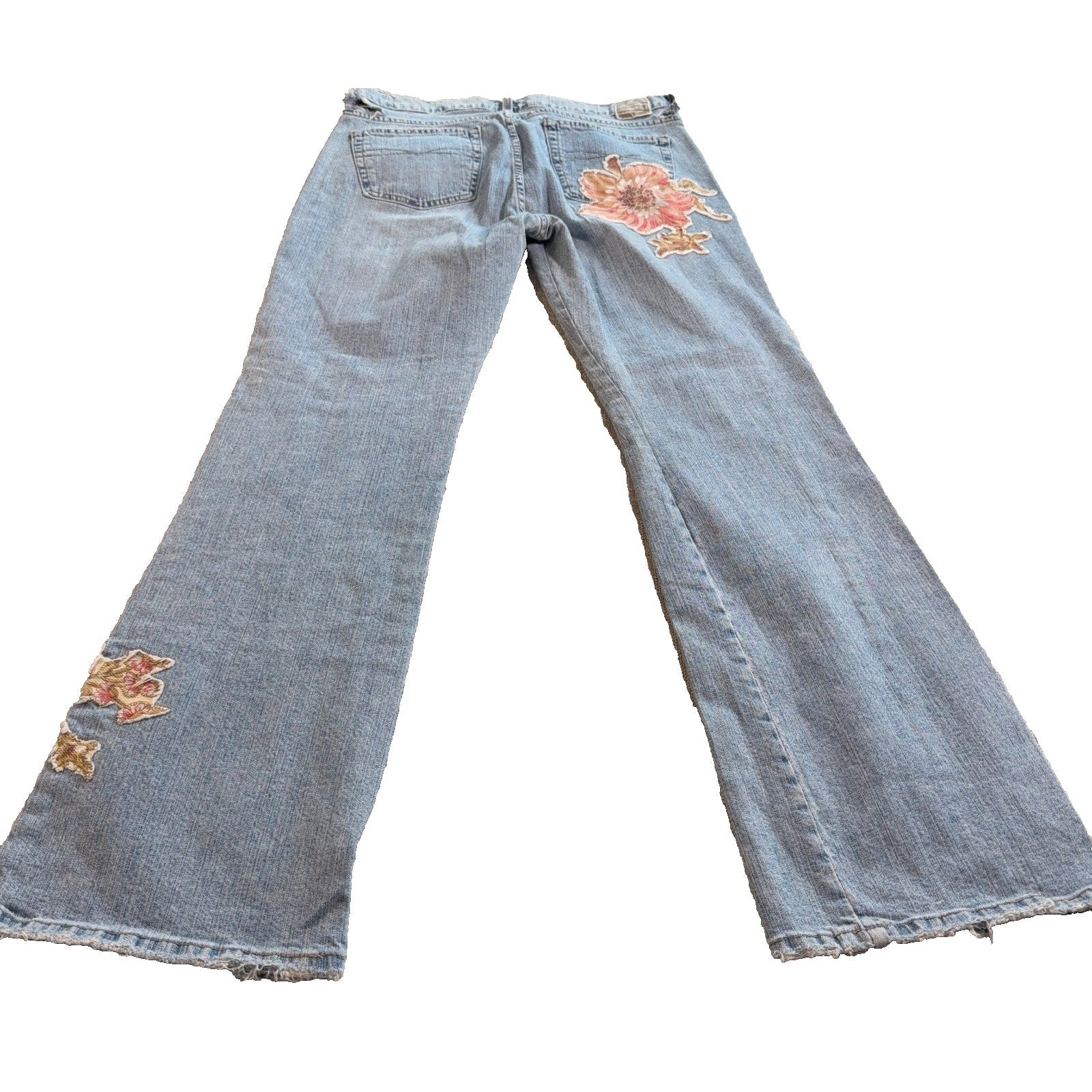 Z Cavaricci Jeans Womens 31/32 Light Wash Floral Applique Y2K Boho Flare Raw Hem