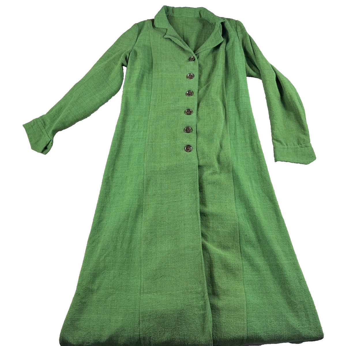 Handmade Green Maxi Coat Dress Womens Long Button Front Pleated Artisan Vintage