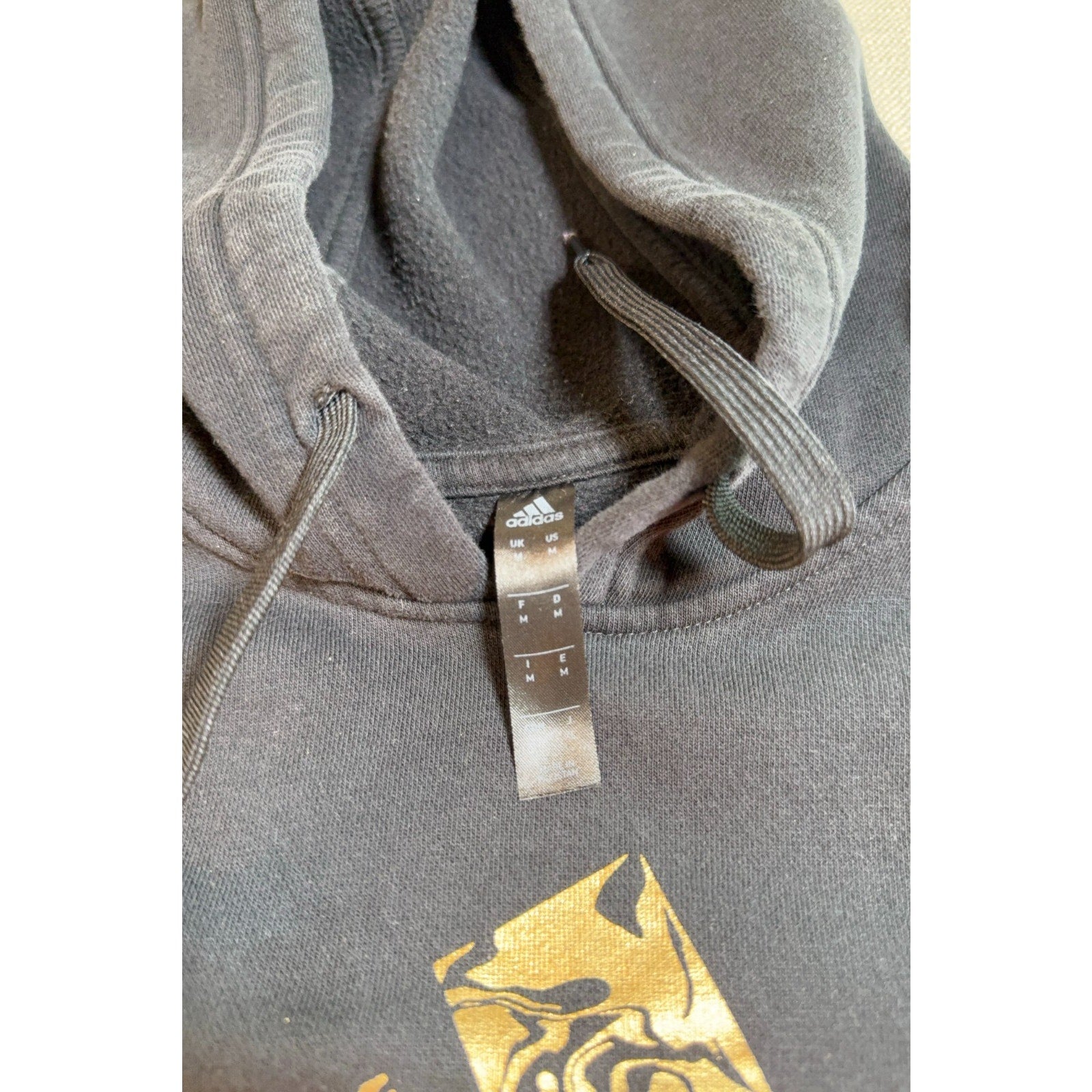 Adidas HK9146 Hoodie Mens M Black Gold Foil Logo Pullover Sweatshirt Faded