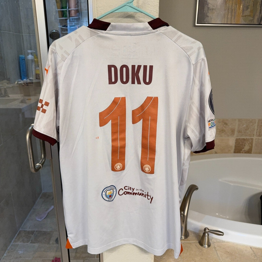 Man City Doku #11 Away Jersey 23/24 Puma Soccer XL UEFA Patch -see description