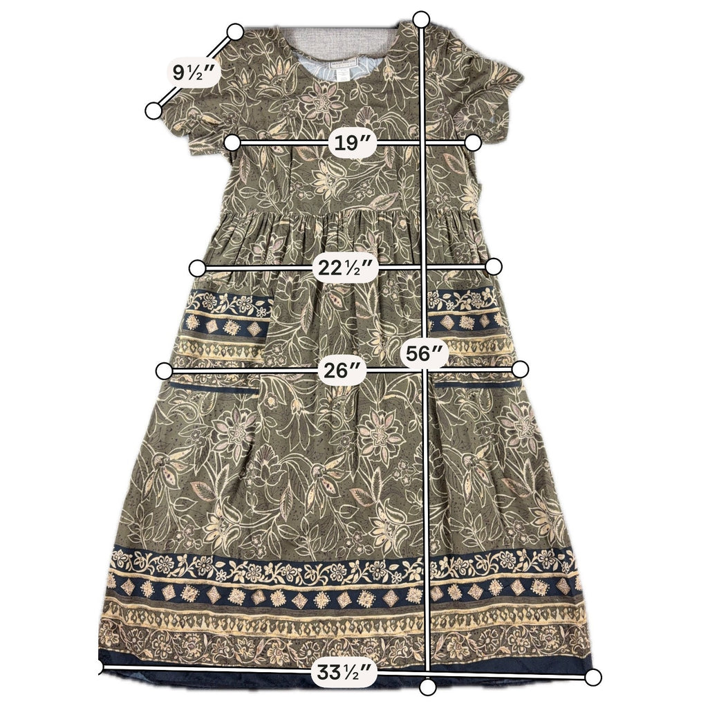 Molly Malloy Petite Maxi Dress Olive Floral Border Print Boho Pockets Tie Back