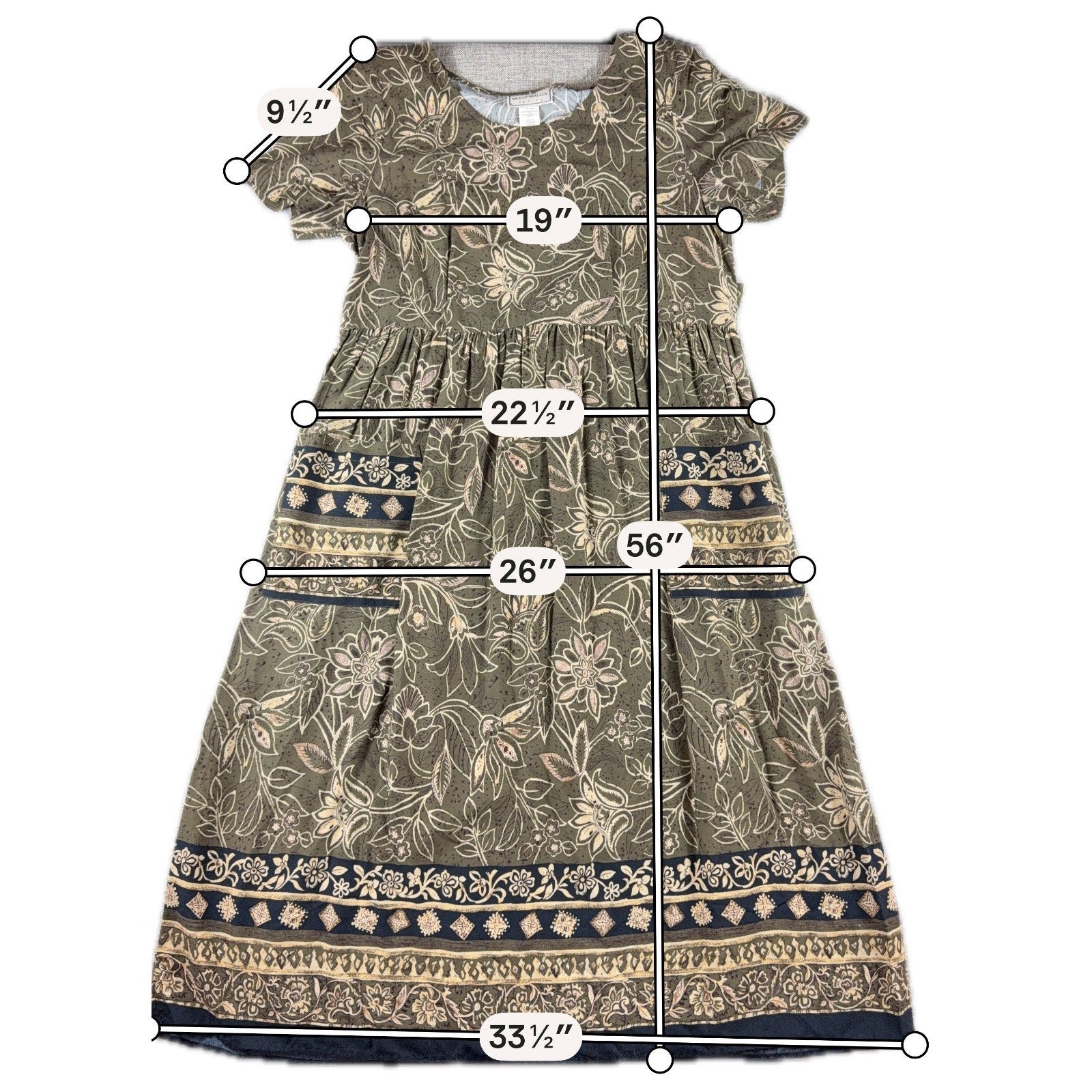Molly Malloy Petite Maxi Dress Olive Floral Border Print Boho Pockets Tie Back