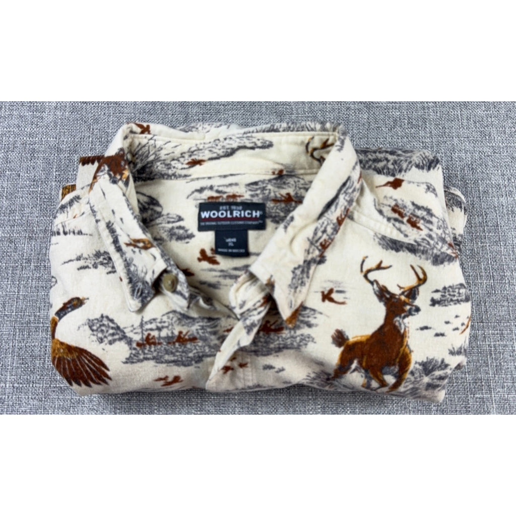 Woolrich Mens XL Hunting Shirt Pheasant Deer Wildlife Print Button Down Outdoor