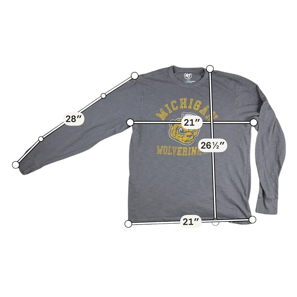 Michigan Wolverines ’47 Brand Mens L Long Sleeve Shirt Retro Mascot NCAA Gray