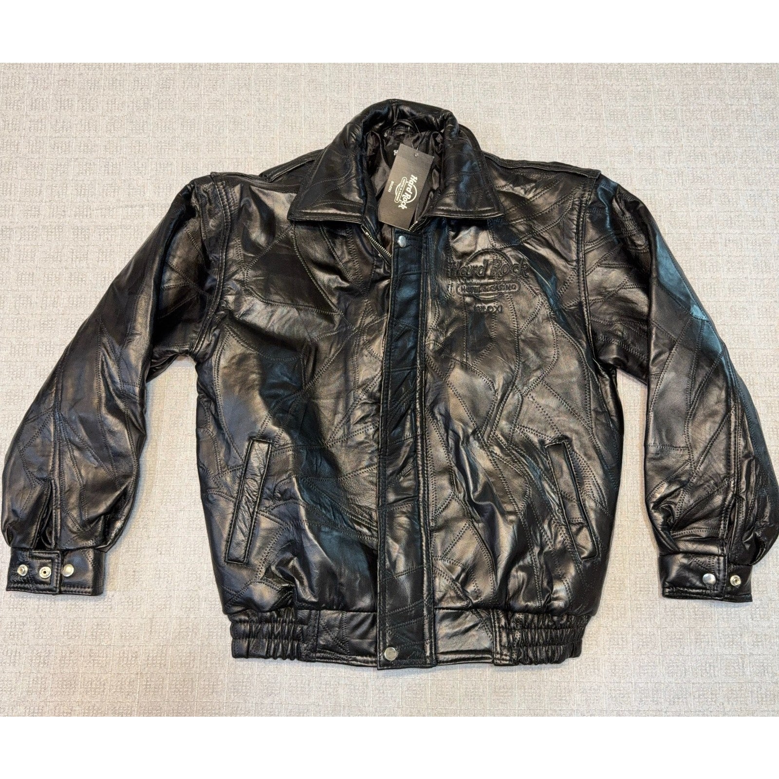 Hard Rock Biloxi Leather Jacket Large NWOT Casino Patchwork Black Bomber