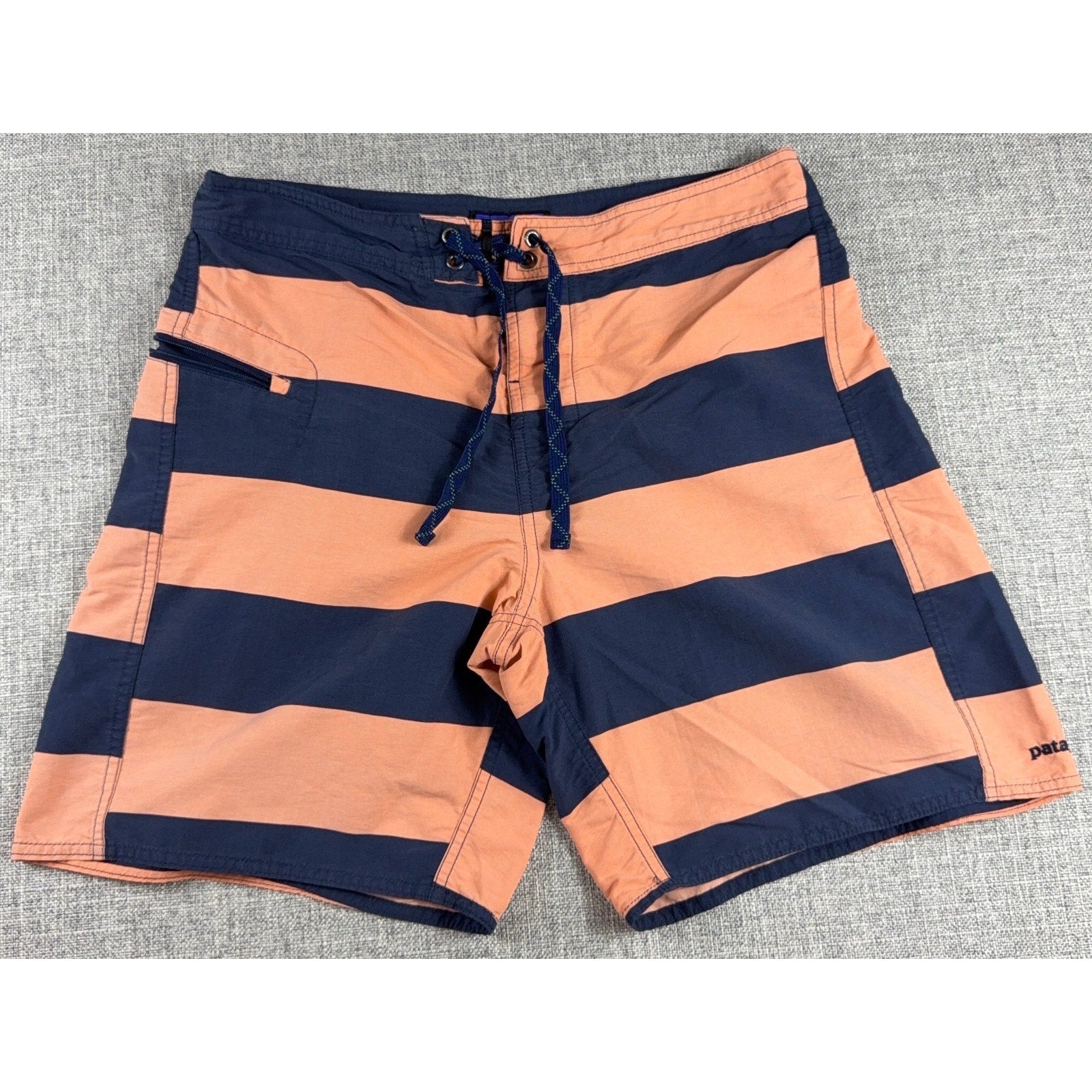 Patagonia Wavefarer Board Shorts Mens 34 Orange Navy Stripe Swim Surf Trunks