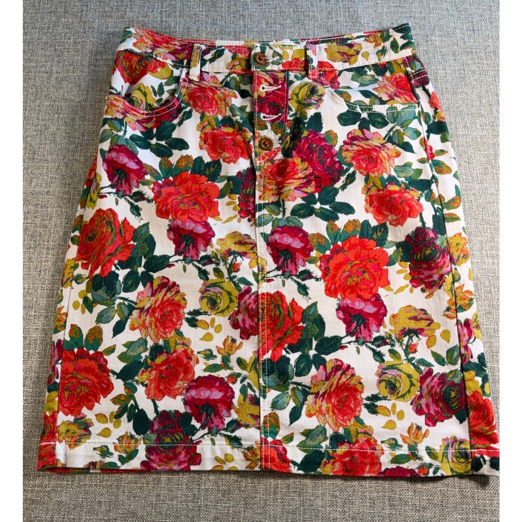 Maeve Anthropologie Floral Denim Skirt Womens 8 Button Front Stretch Cotton Boho