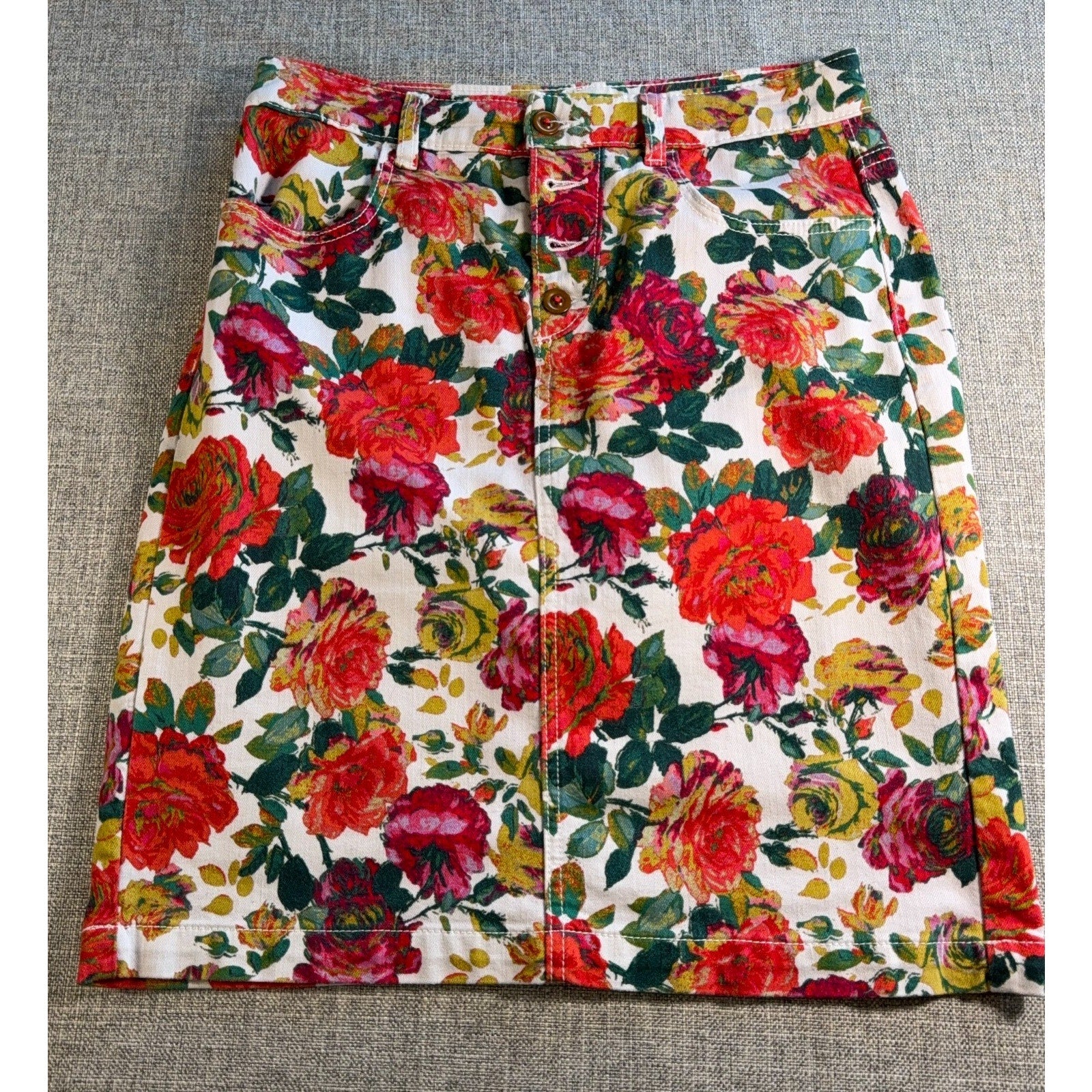 Maeve Anthropologie Floral Denim Skirt Womens 8 Button Front Stretch Cotton Boho