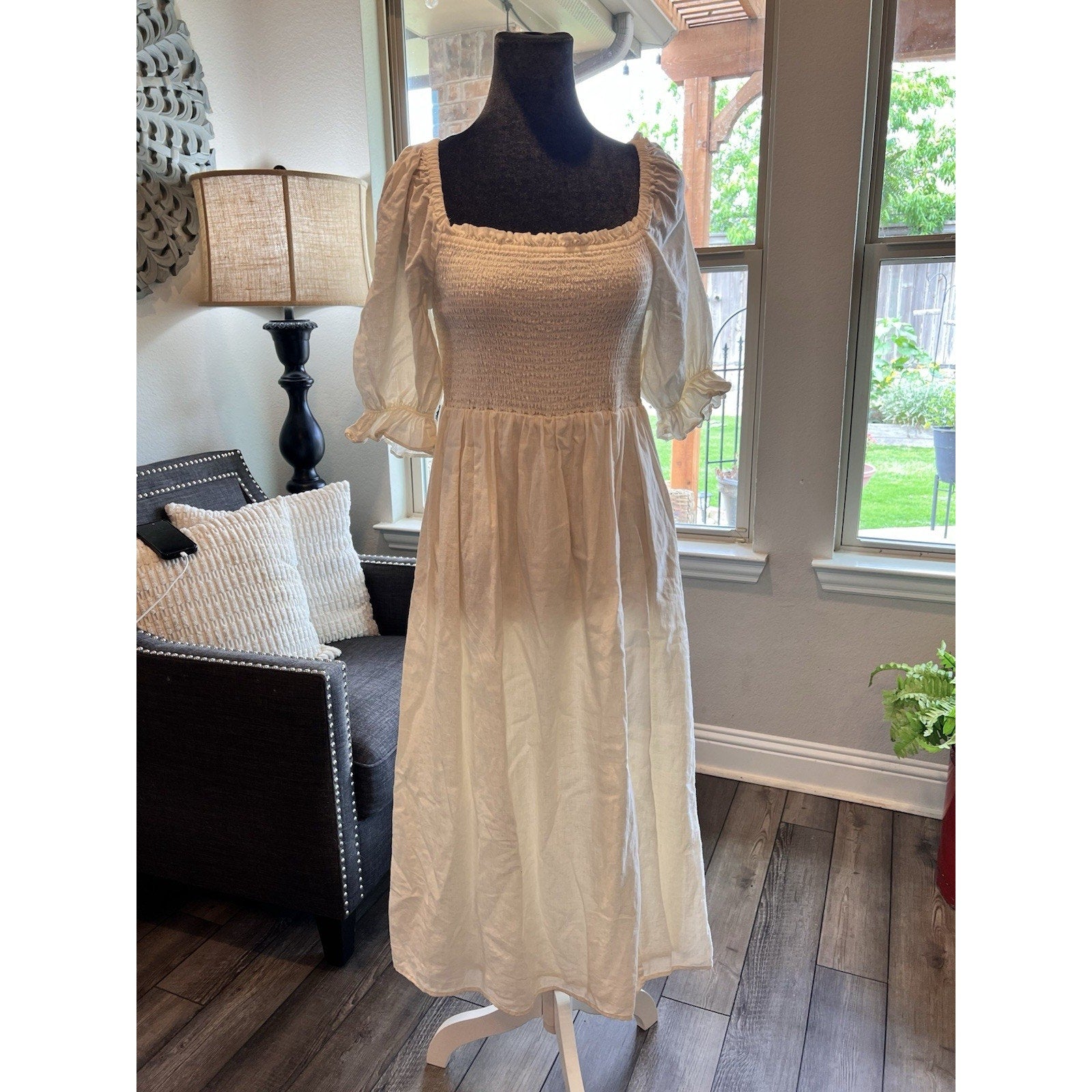GAP White Cottagecore Midi Dress Womens M Smocked Puff Sleeve Prairie Milkmaid