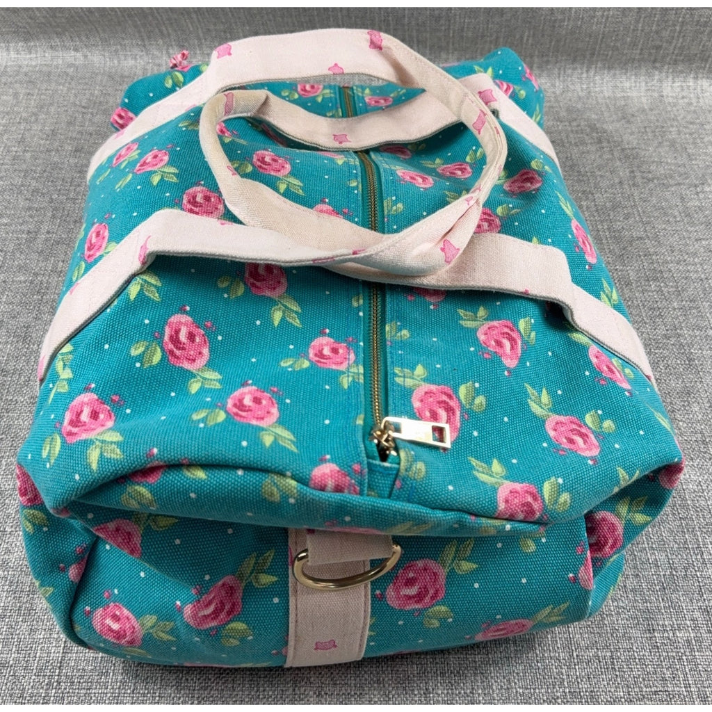 Whim + Wander Floral Canvas Duffel Bag Teal Pink Rose Weekender Shoulder Strap