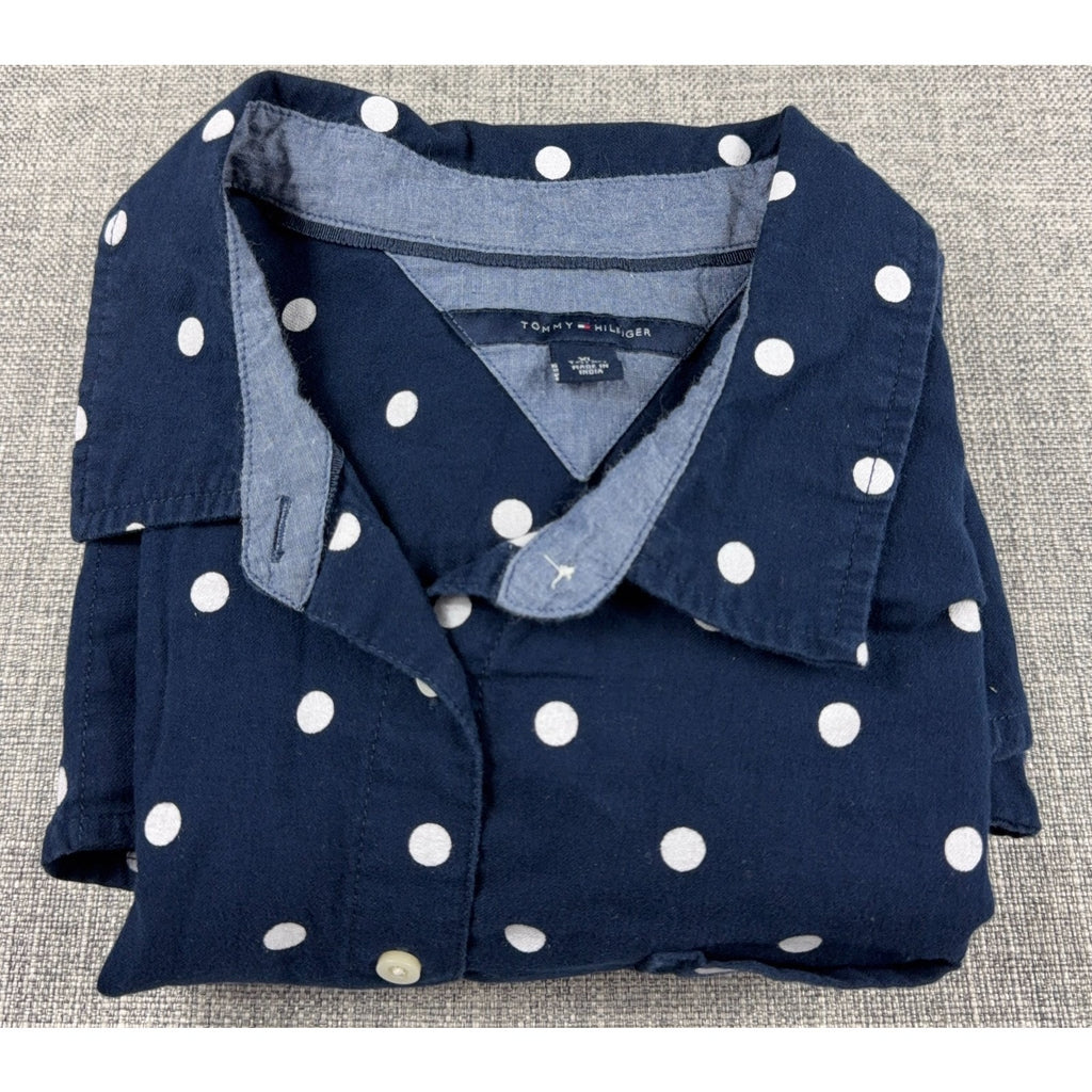 Tommy Hilfiger Womens XL Navy Polka Dot Button Up Shirt Long Sleeve Pocket