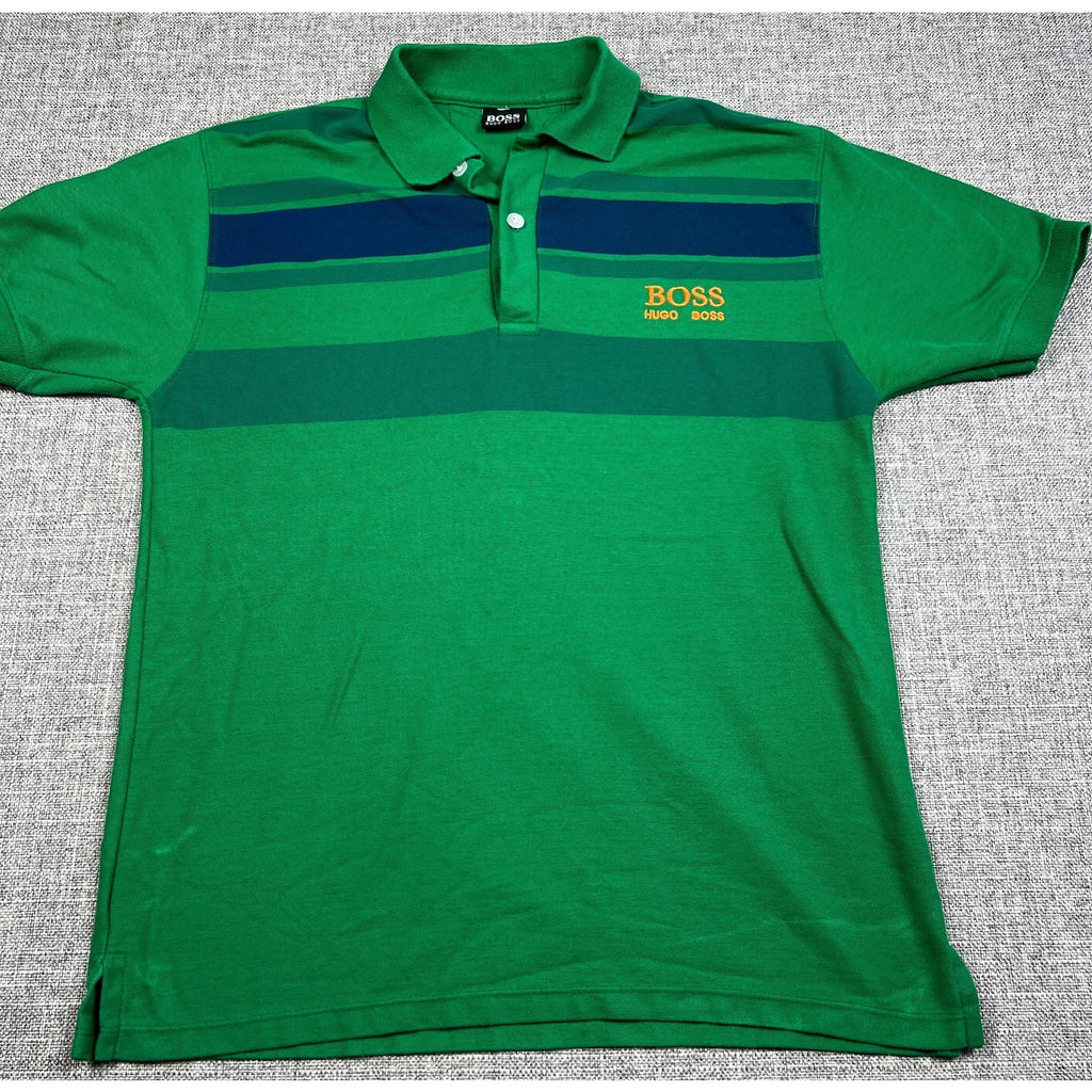 BOSS Hugo Boss Men's Green Colorblock Stripe Pique Polo Shirt 20in Chest