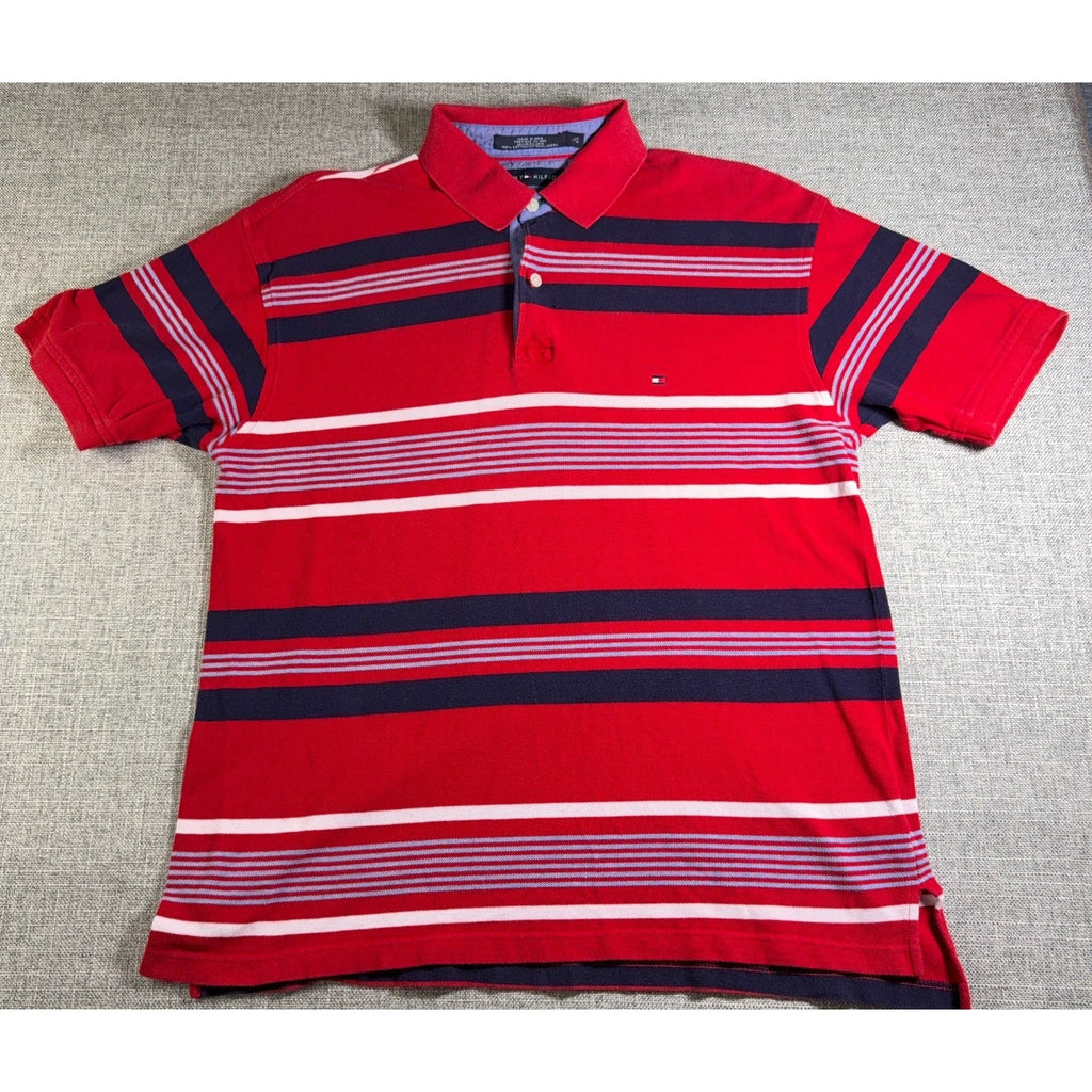 Tommy Hilfiger Mens L Polo Shirt Red Navy White Stripe 100% Cotton Y2K Preppy