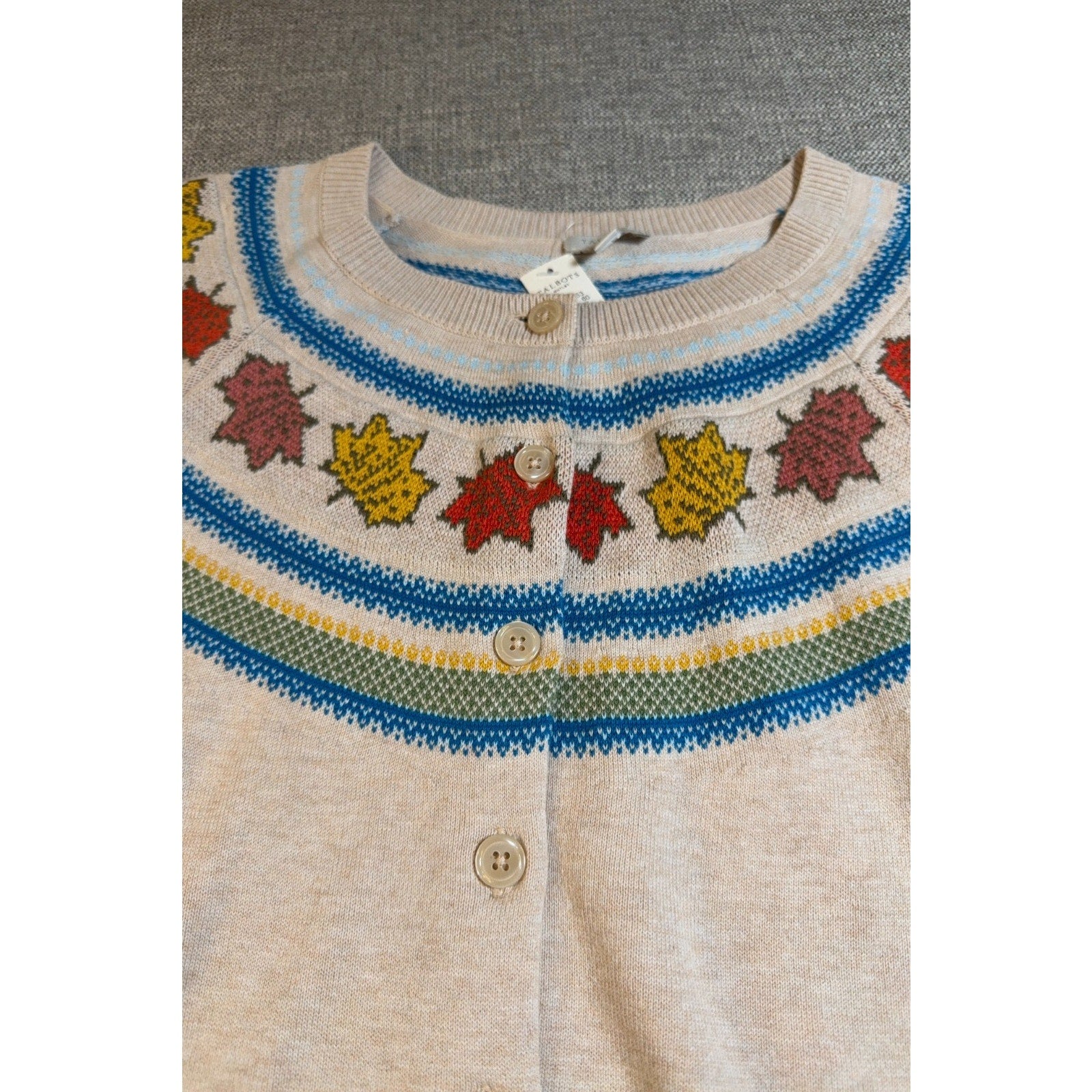 NWT Talbots Cardigan Sweater Womens S Maple Leaf Fair Isle Beige Fall