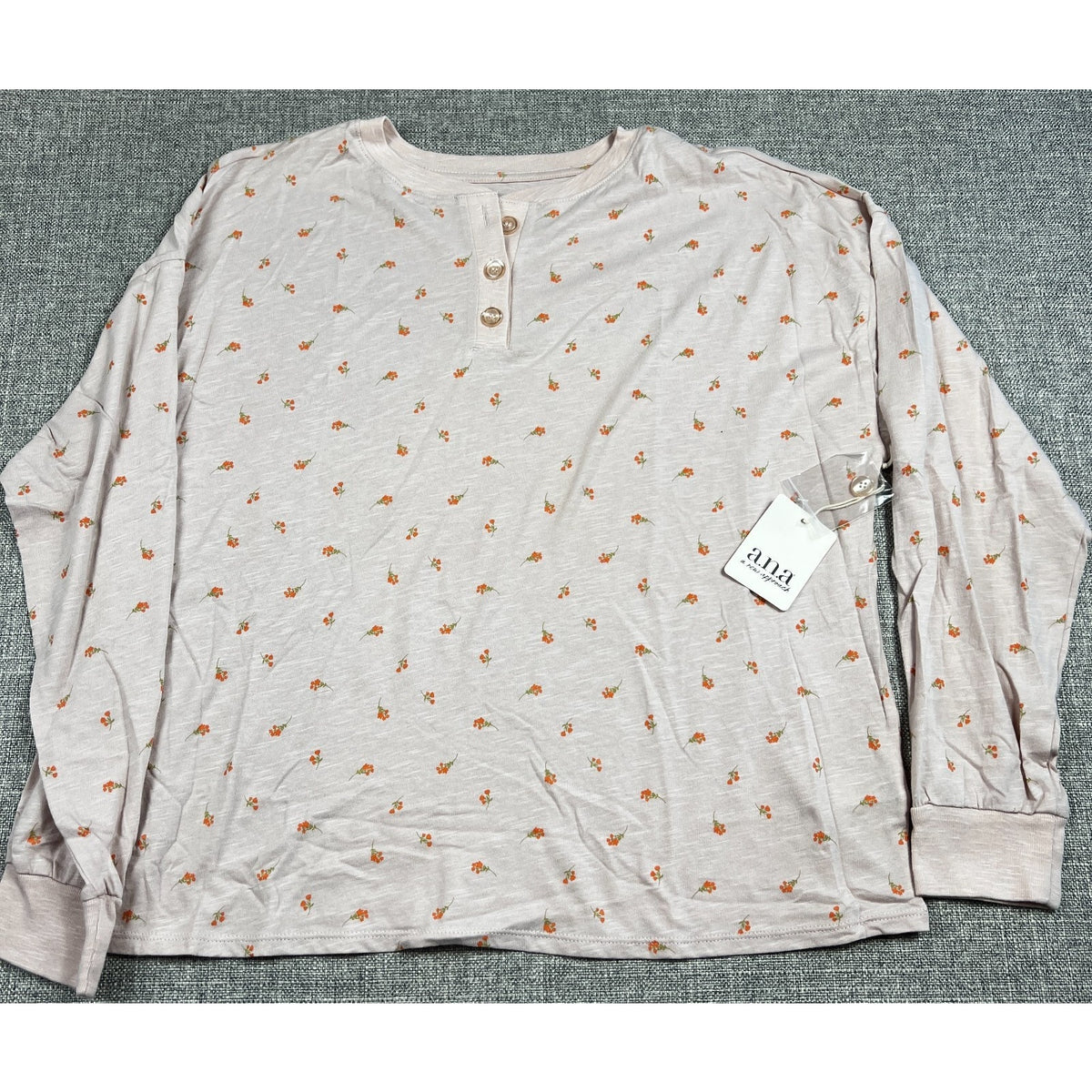 a.n.a Floral Henley Top Women's L Pink Long Sleeve 100% Cotton NWT