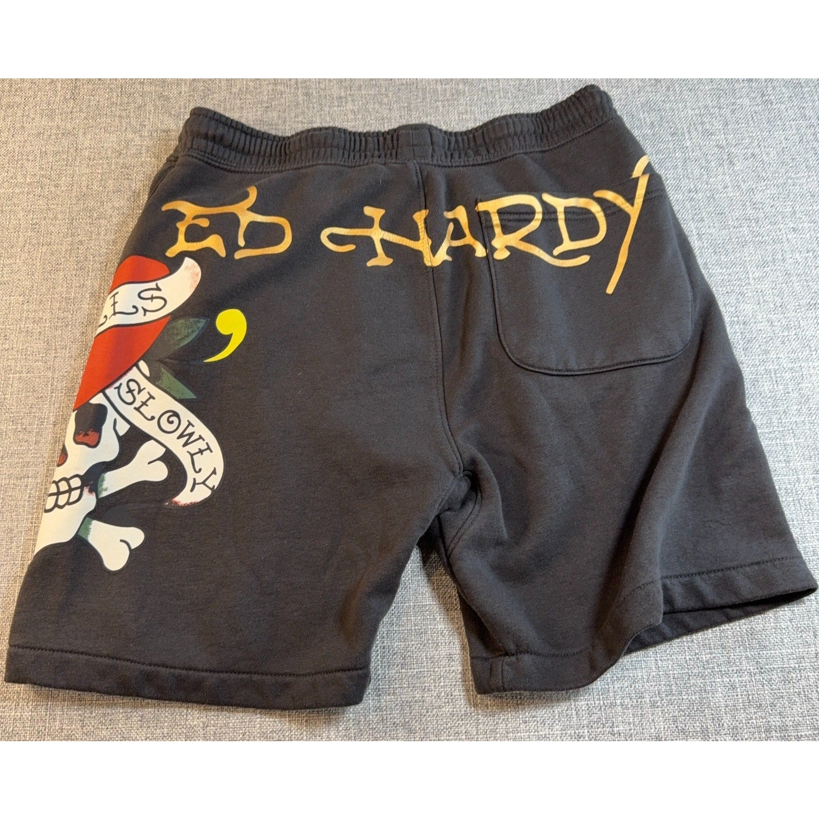 Ed Hardy Shorts Mens Medium Brown Graphic Sweat Shorts Kills Love Slowly Skull