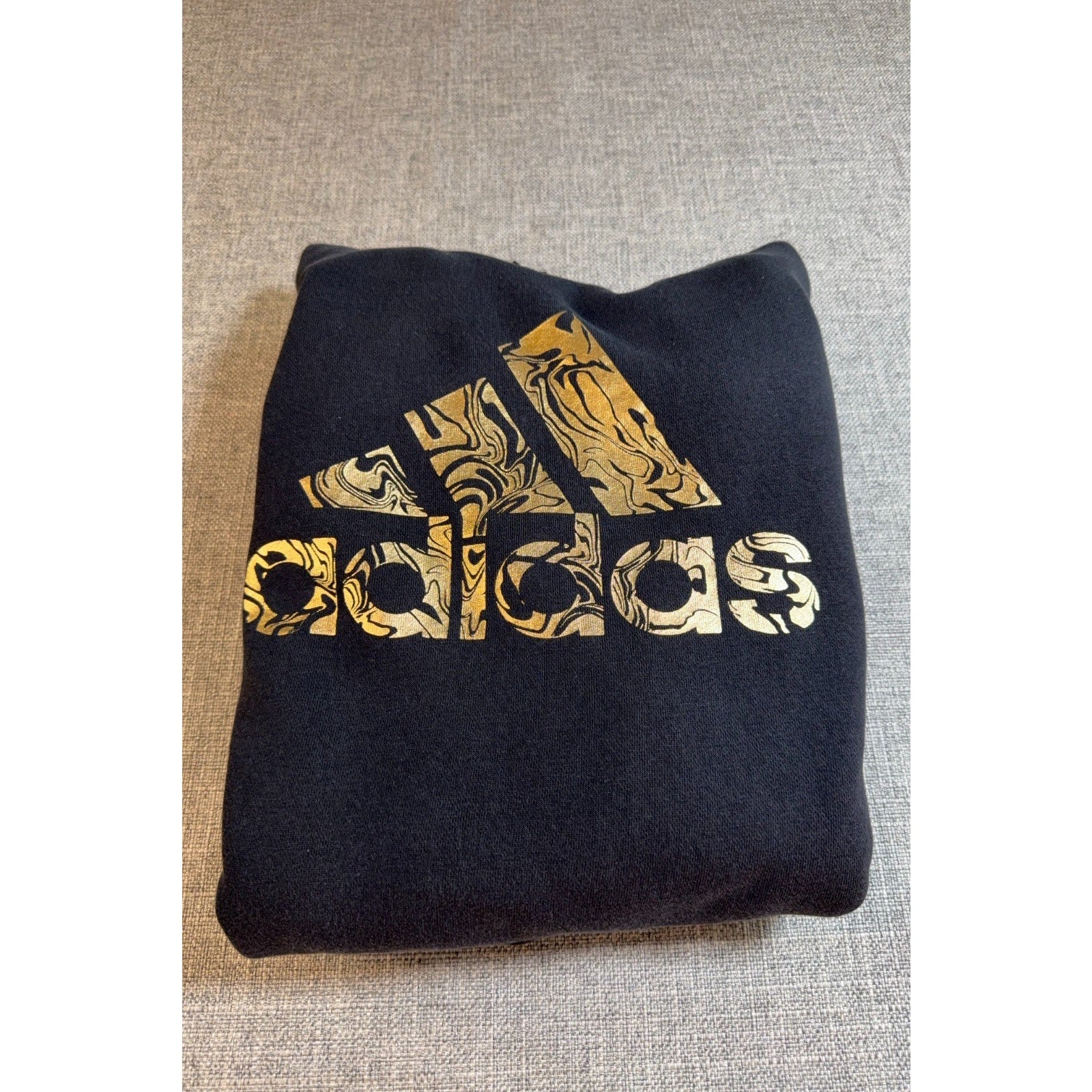 Adidas HK9146 Hoodie Mens M Black Gold Foil Logo Pullover Sweatshirt Faded