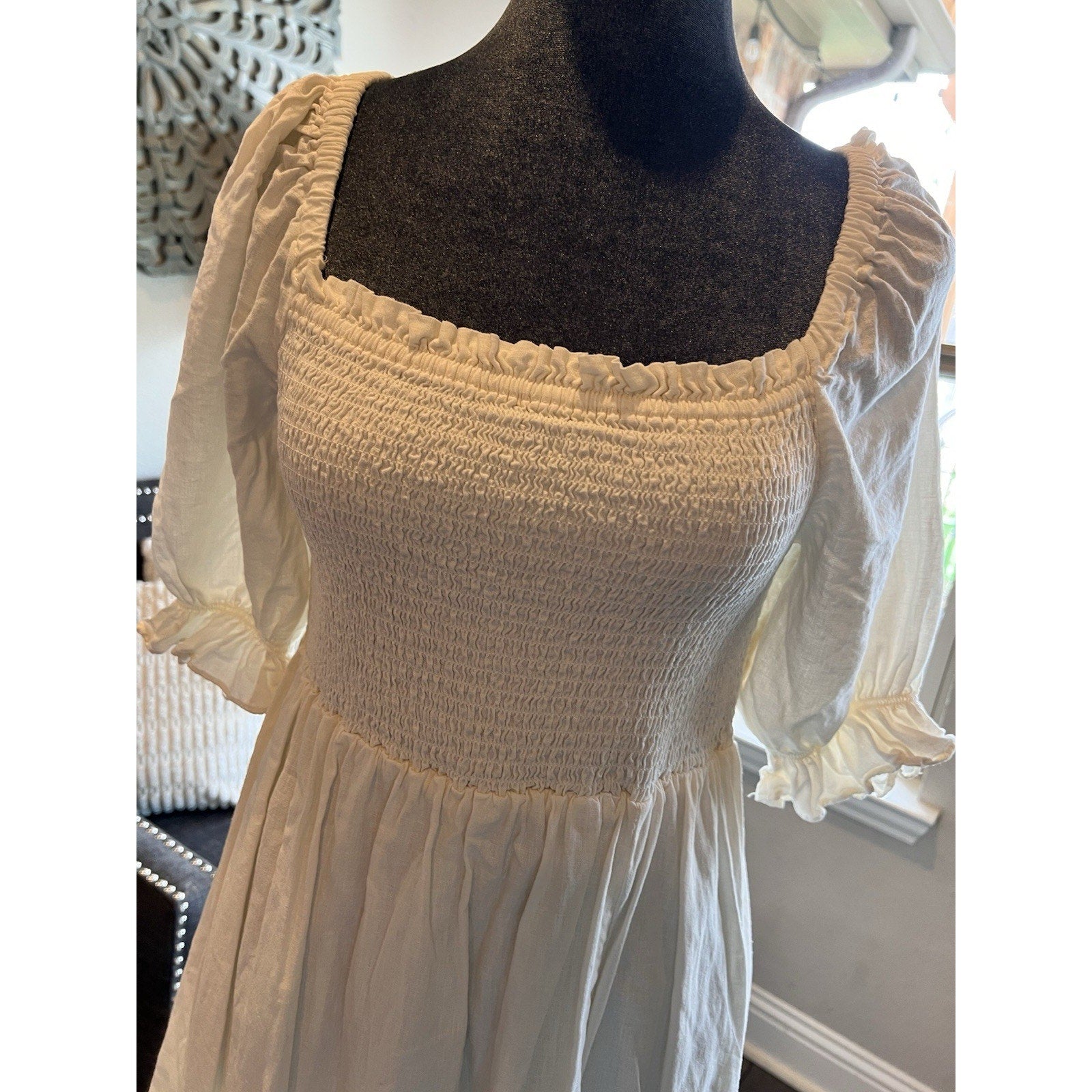 GAP White Cottagecore Midi Dress Womens M Smocked Puff Sleeve Prairie Milkmaid