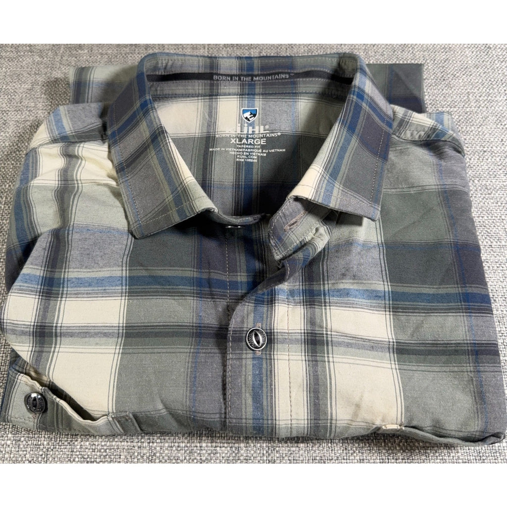 Kuhl Men’s XL Plaid Button Up Shirt Tapered Fit Short Sleeve Outdoor Hiking Gree