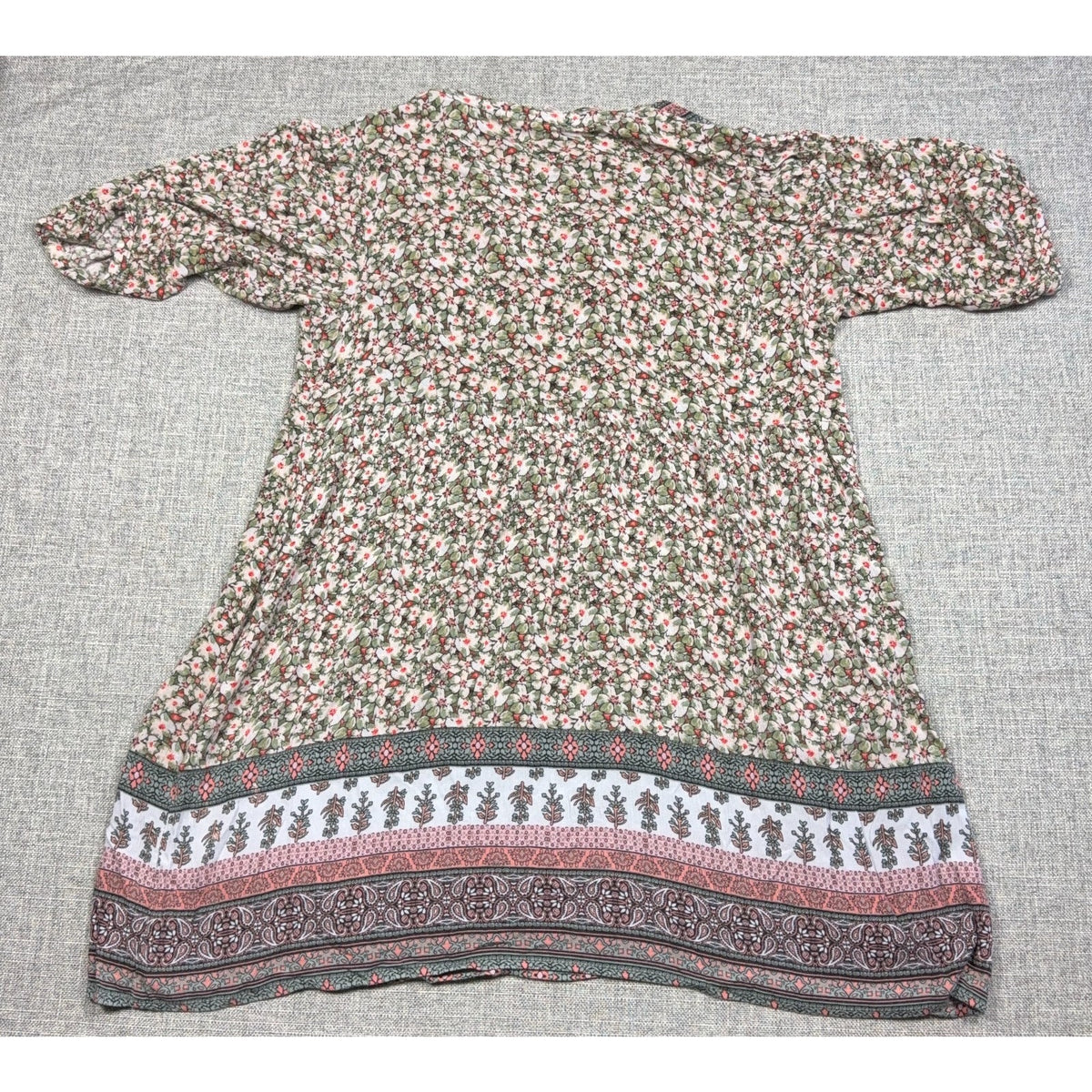 Knox Rose Dress Womens Large Green Pink Floral Boho Tassel Tie Rayon Border Prin