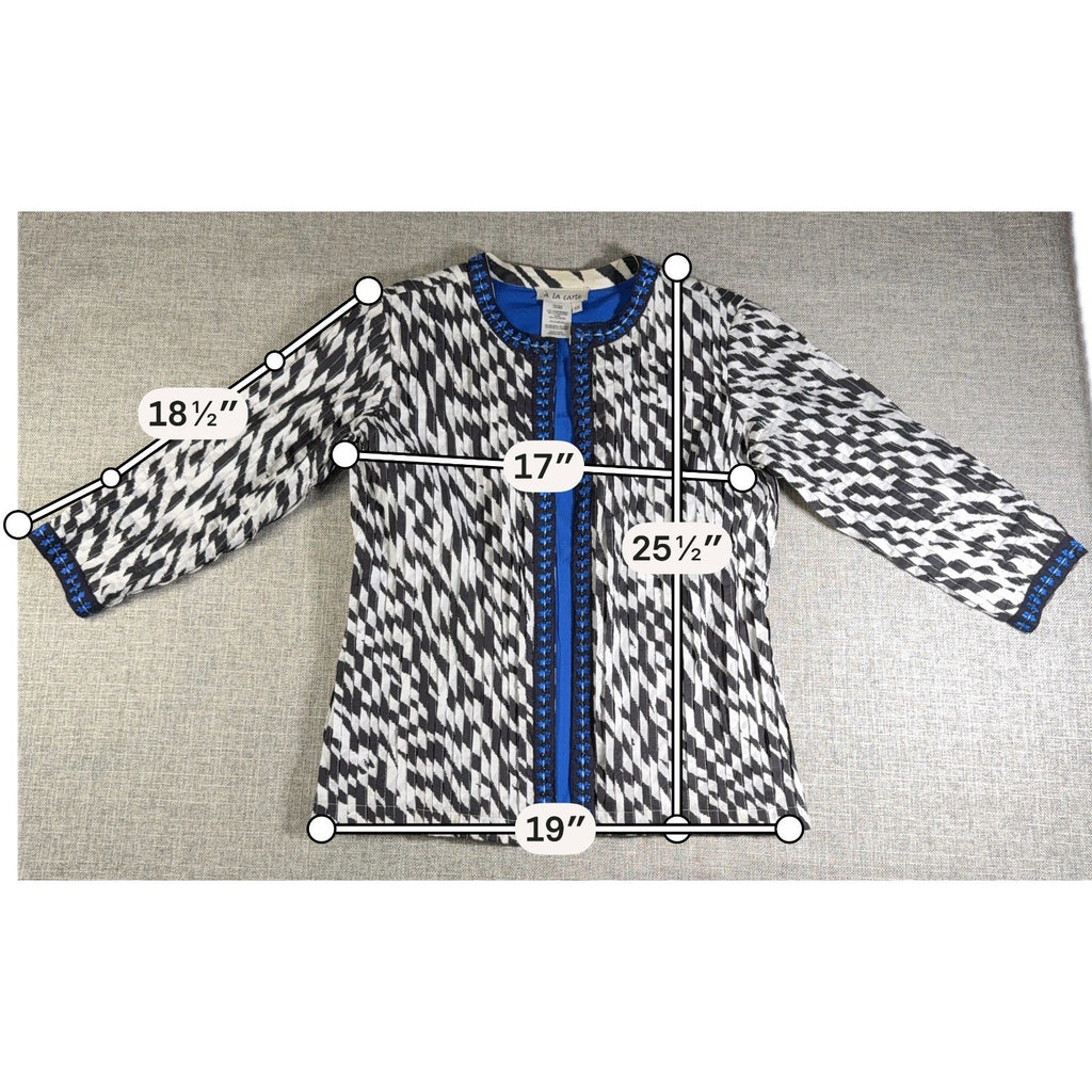 A La Carte Womens XS Jacket Black White Blue Embroidered Beaded Boho Art