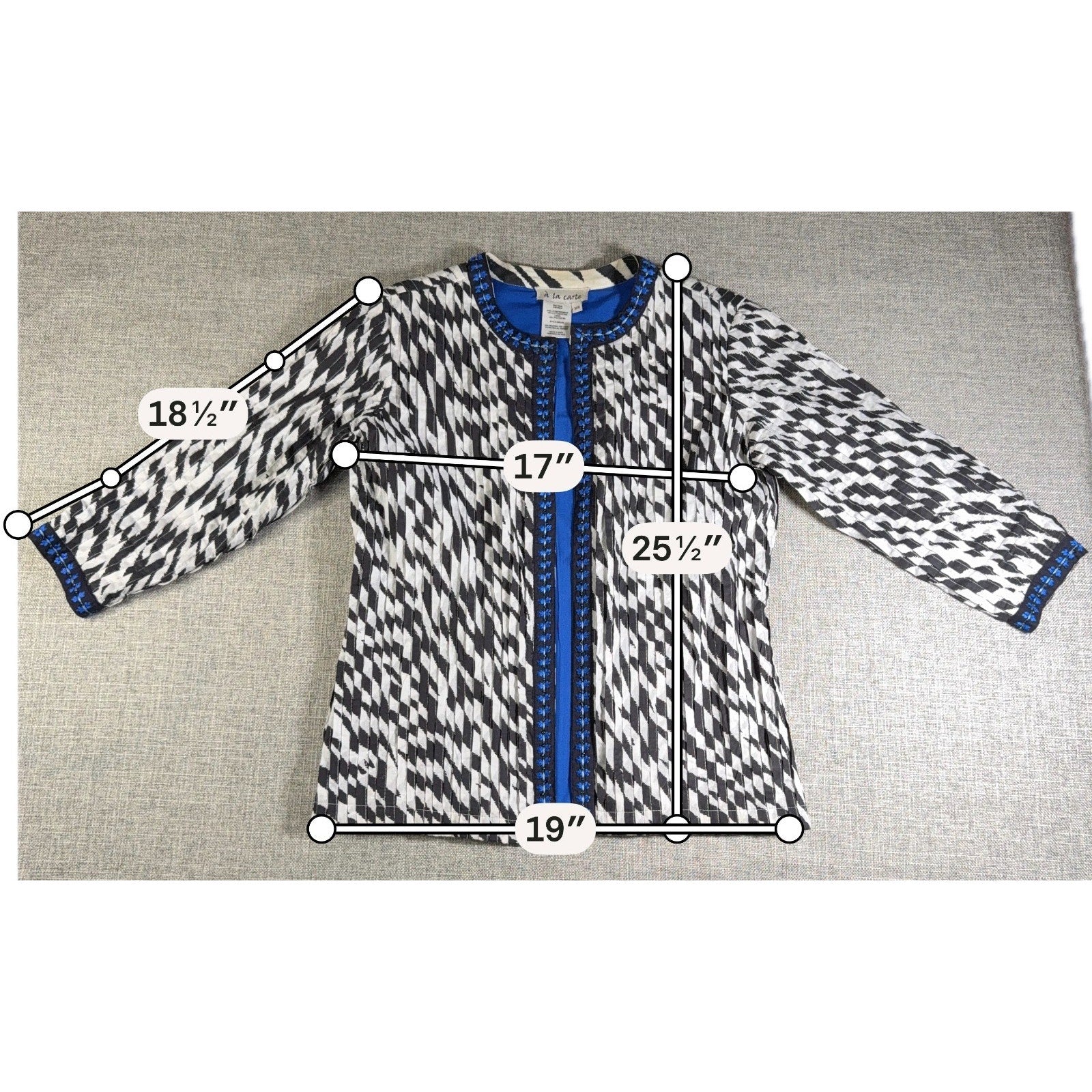 A La Carte Womens XS Jacket Black White Blue Embroidered Beaded Boho Art