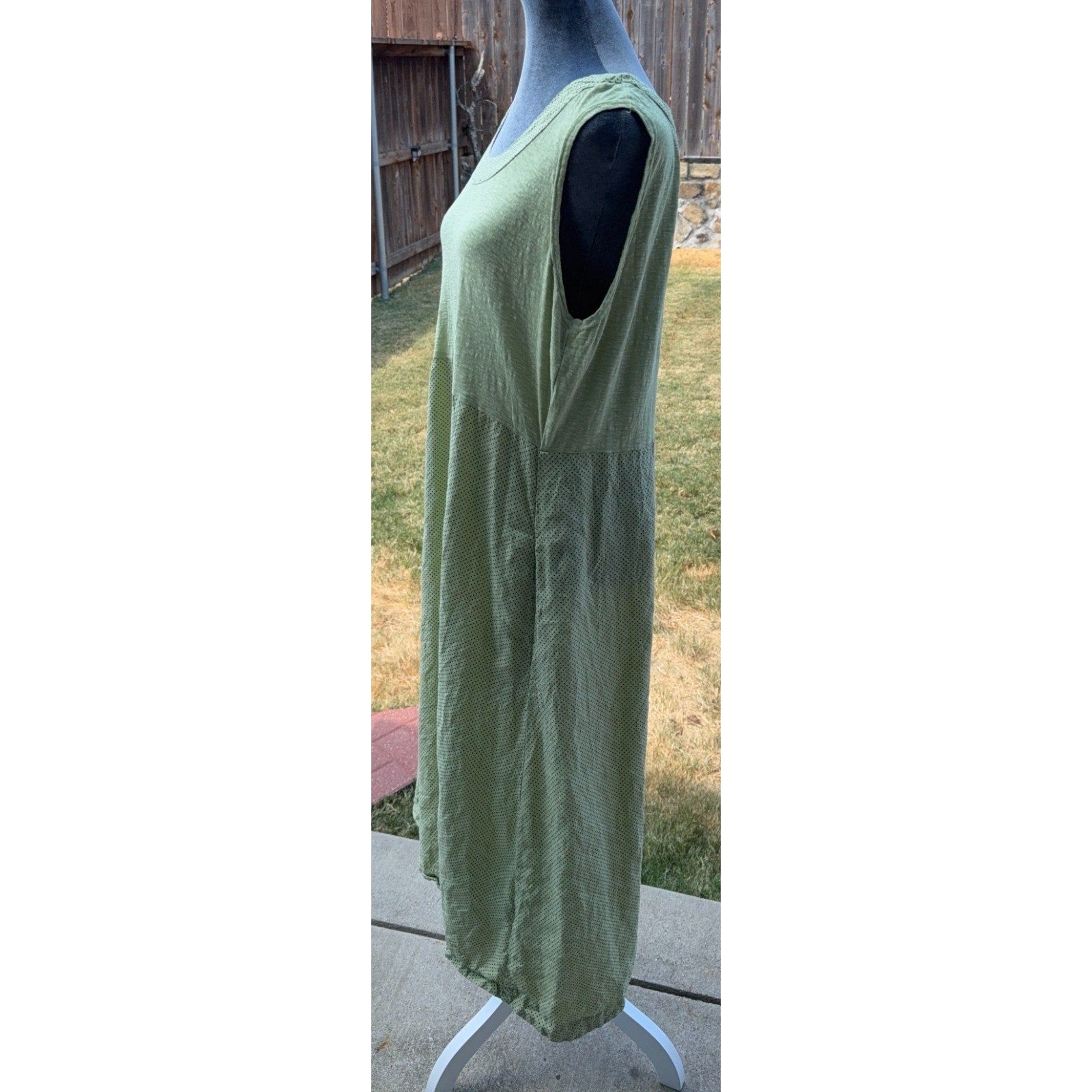 Cut Loose Dress Womens L Olive Green Linen Cotton Polka Dot Lagenlook Maxi USA