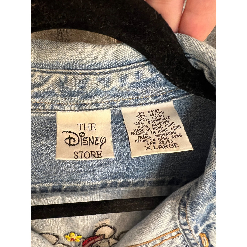 Vintage Disney Store Denim Shirt XL Mickey Minnie Donald Goofy Pluto Embroidered