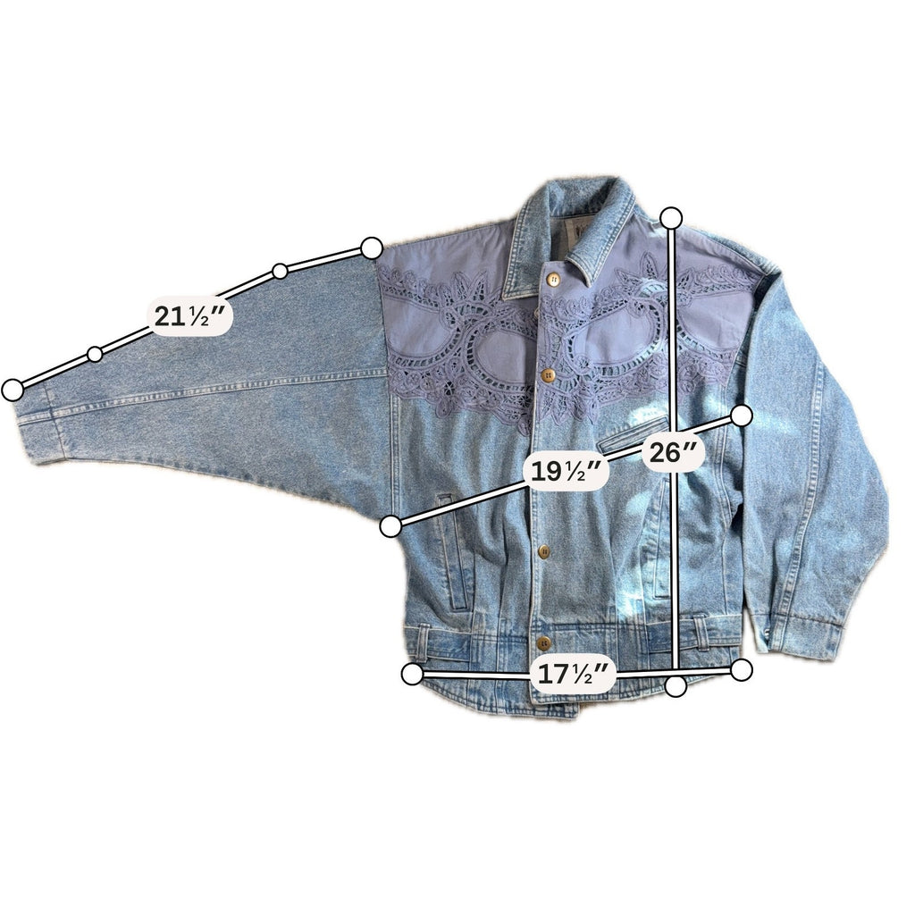 Vintage 90s Together Denim Lace Jacket Women M Batwing Acid Wash Boho Western