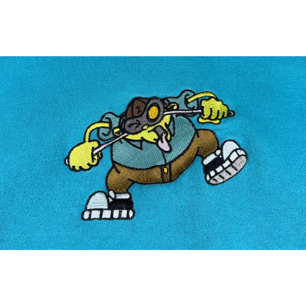 Mens Turquoise Embroidered Cartoon Rat Golf Crewneck Sweatshirt Size L Oversized