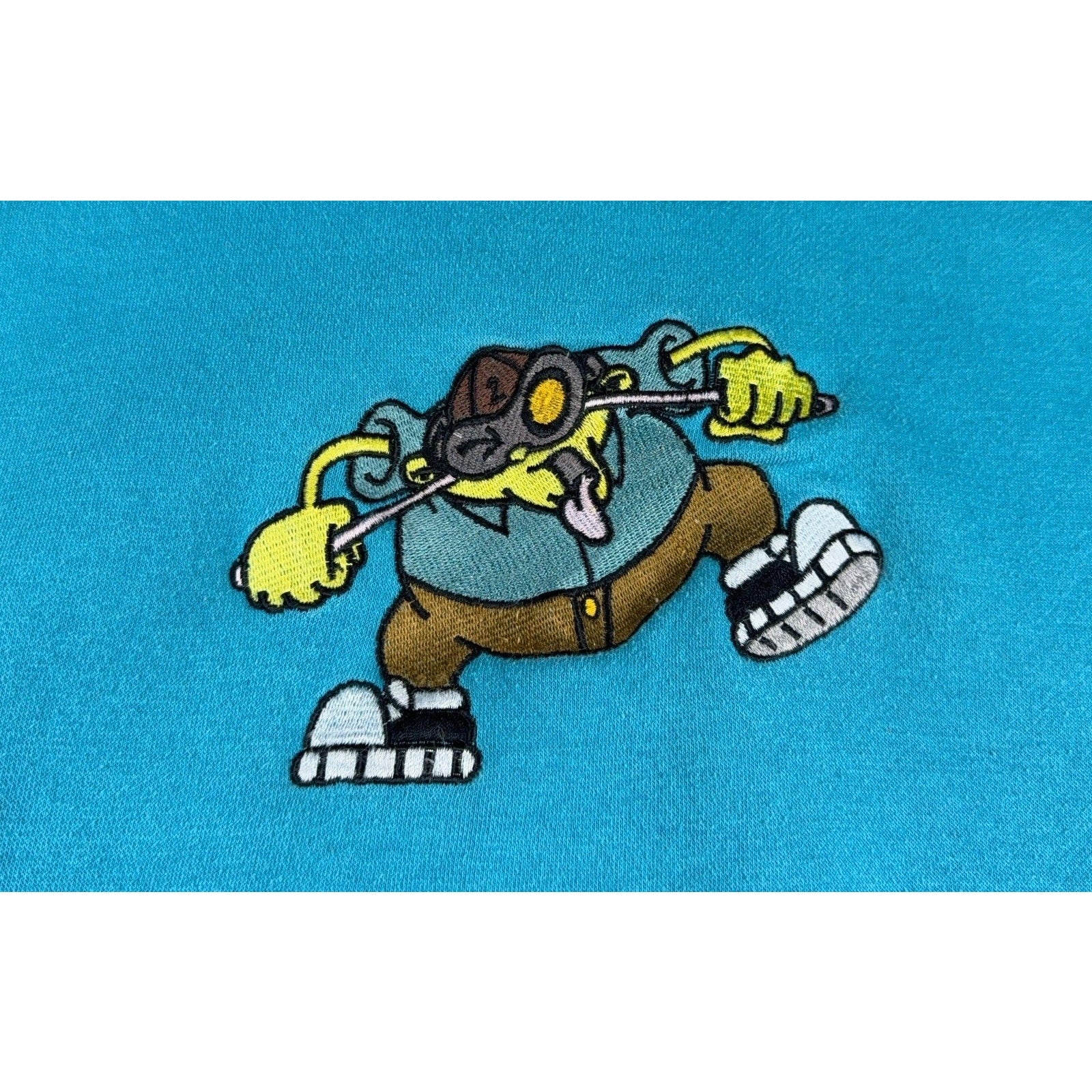 Mens Turquoise Embroidered Cartoon Rat Golf Crewneck Sweatshirt Size L Oversized