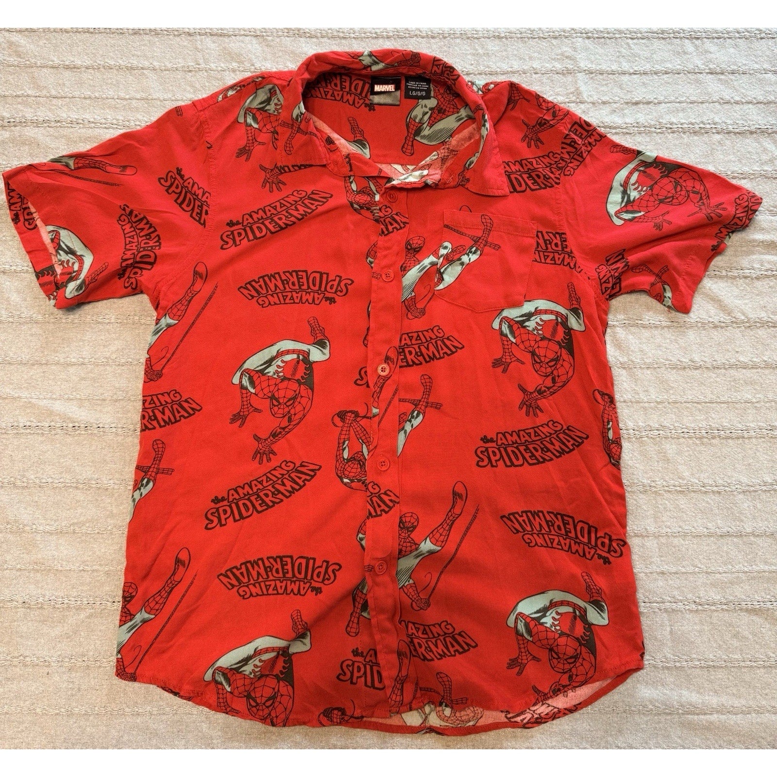 Marvel Spider Man Button Up Shirt Kids Large Red Graphic Short Sleeve Comic